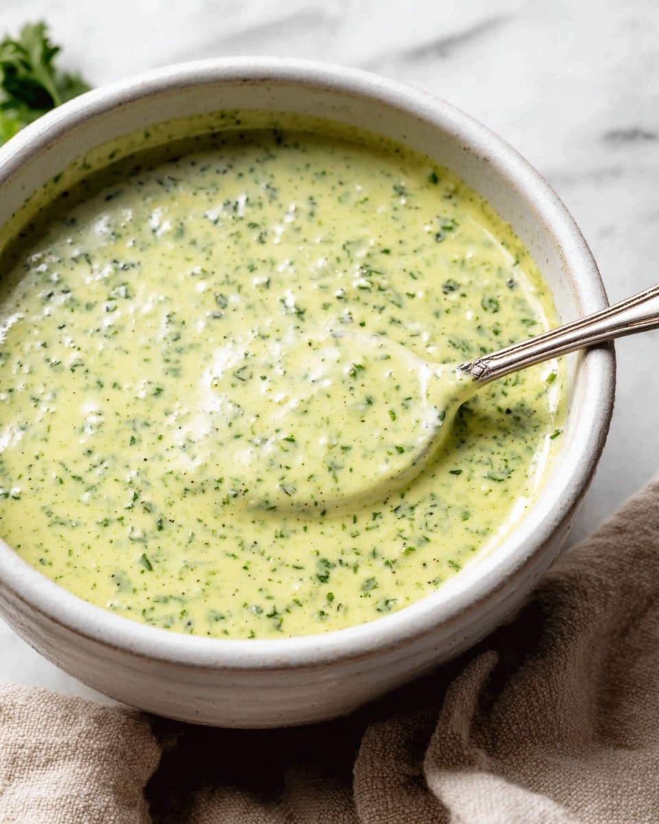The image shows a white bowl filled with a creamy green sauce or dressing that has a slightly chunky texture with visible small green herbs or bits spread throughout. A spoon is partially dipped into the sauce inside the bowl. The bowl sits on a white marbled surface with a pale cloth nearby, adding a soft contrast to the scene. The sauce looks fresh and smooth with a pale green color and some light specks of darker green. Photo taken with an iphone --ar 4:5 --v 7