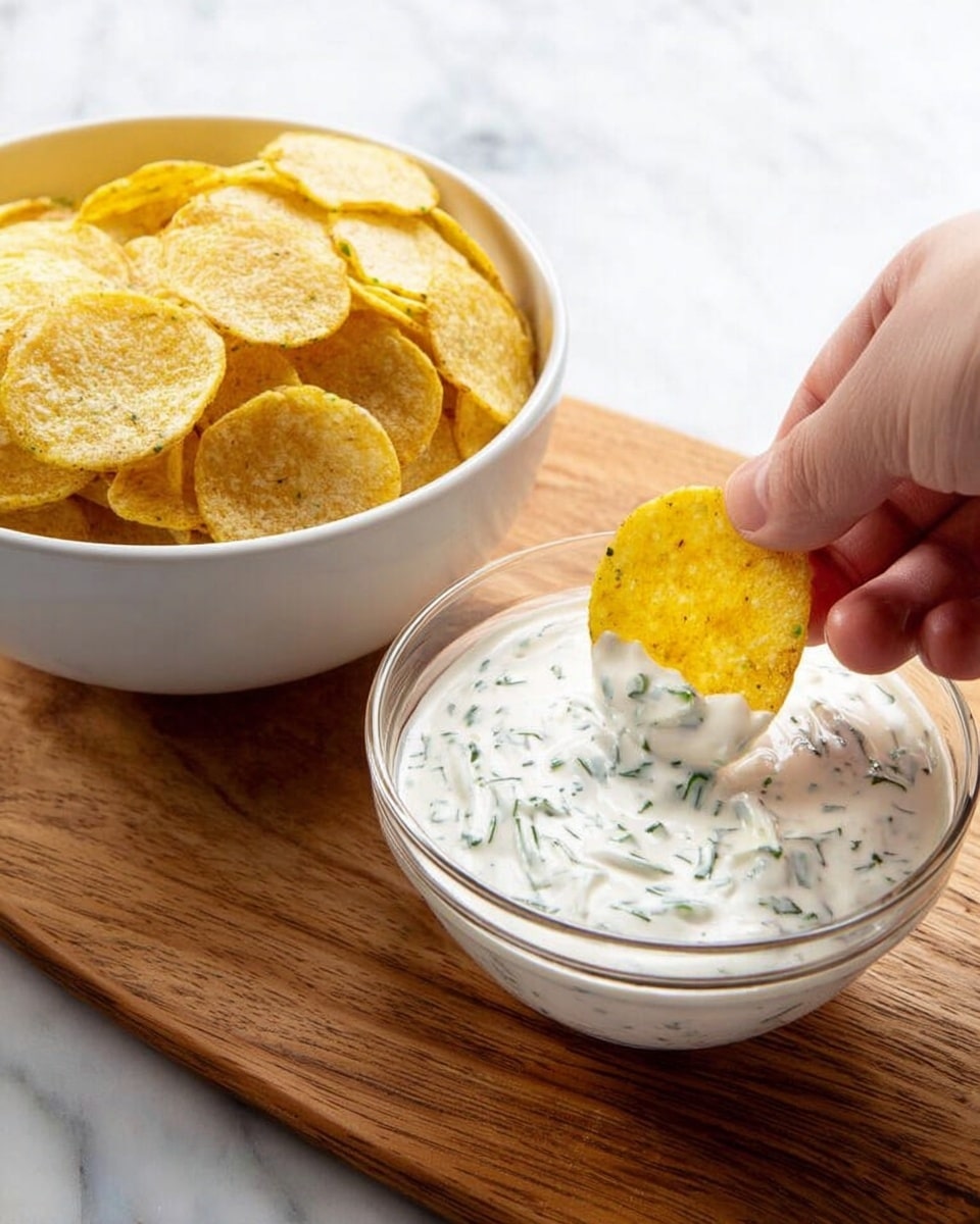 The image shows a stack of thin, round yellow chips with a slightly rough texture in a white bowl on the left side. On the right is a clear glass bowl filled with a thick white sauce dotted with green herbs. A woman's hand is holding one yellow chip, dipping it halfway into the sauce. Both bowls sit on a wooden board, and the background is a white marbled surface. Photo taken with an iphone --ar 4:5 --v 7