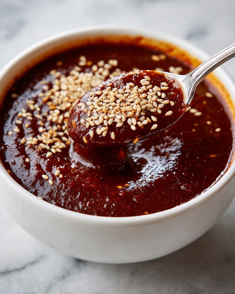 A white bowl holds a thick dark red sauce layer topped with a scattering of light beige sesame seeds. The sauce has a smooth and slightly shiny texture, with some lighter brown oily spots around the edges. A metal spoon lifts a portion of the thick sauce, showing its dense consistency and rich color. The background is a white marbled surface. photo taken with an iphone --ar 4:5 --v 7