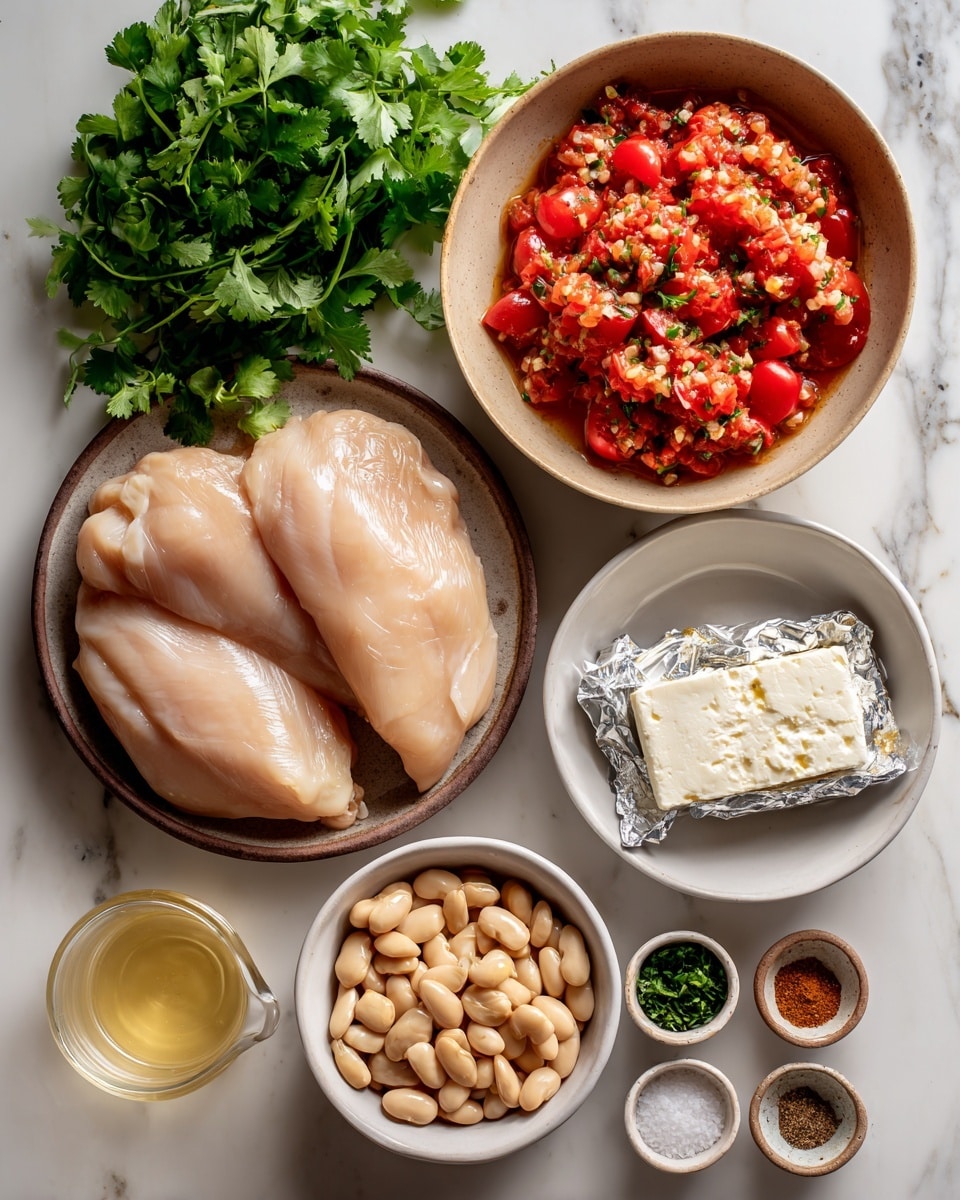 The image shows several bowls and plates with ingredients, all placed on a white marbled surface. In the center right, there is a brown plate holding two large pieces of raw chicken, pale pink and smooth. Above it, a beige bowl is filled with chunky red tomatoes mixed with some liquid. Nearby, a small white bowl contains finely chopped green herbs. To the right, a white bowl holds a block of cream cheese wrapped halfway in foil, its smooth white surface visible. Below the chicken plate, a white bowl is full of light beige beans. Surrounding these main items are small beige dishes, each with different spices in colors like dark brown, reddish, light brown, and white salt. In the lower left corner, there is a clear measuring cup with a pale yellow liquid. On the upper left, a bunch of fresh green cilantro also sits on the white marbled surface. Photo taken with an iphone --ar 4:5 --v 7