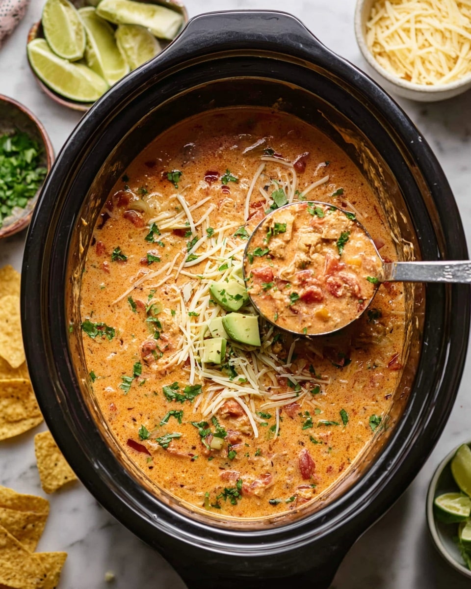 A black slow cooker filled with thick orange cream soup mixed with bits of red and white, topped with shredded white cheese, chopped green herbs, light green avocado slices, and broken pale yellow tortilla chips scattered on the surface. A large metal ladle scoops some of the soup, showing its chunky texture with red and green bits. Around the slow cooker, there are small white bowls holding more shredded cheese, chopped green onions, chopped herbs, lime wedges, and tortilla chips on a white marbled surface. Photo taken with an iphone --ar 4:5 --v 7