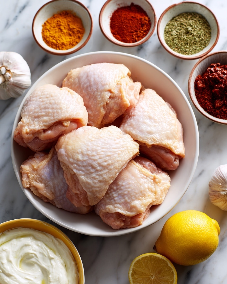 A white bowl filled with several raw chicken thighs, pale pink with slight sheen and smooth texture, placed on a white marbled surface. To the right, a whole bright yellow lemon rests on the same surface. Surrounding the chicken bowl are small white bowls with thin brown rims; one contains light green cumin powder, another holds bright orange turmeric powder, and a third bowl has a dark red harissa paste with a thick texture. A bowl filled with thick, creamy white yogurt sits in a contrasting yellow bowl at the bottom. There is a whole garlic bulb beside a small bowl of bright green olive oil and another small bowl with fine, deep red smoked paprika powder. The arrangement is neat and well spaced. Photo taken with an iphone --ar 4:5 --v 7