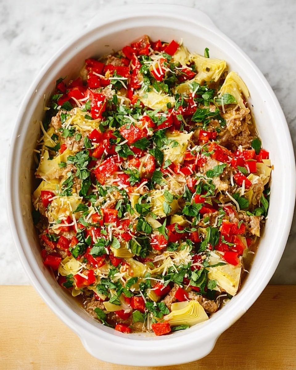A white oval dish filled with a layered casserole. The base layer consists of light brown cooked pieces of meat evenly spread at the bottom. On top of the meat, there is a mix of chopped bright red bell peppers and fresh green leafy herbs. Scattered over the mix are light yellow chunks of artichoke hearts. Thin strips of pale yellow cheese are sprinkled all over the dish. The casserole is set on a white marbled surface. Photo taken with an iphone --ar 4:5 --v 7