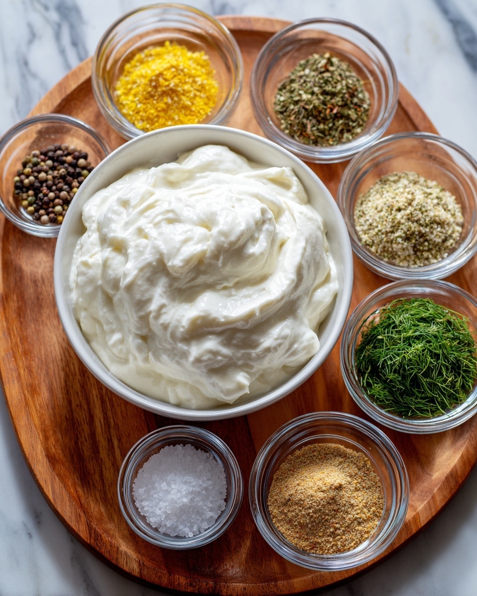 The image shows a white bowl filled with thick, creamy white yogurt in the center, placed on a wooden board. Around the bowl, there are seven small clear glass bowls containing different dry ingredients: bright yellow lemon powder, black peppercorns, light beige onion powder, green dried dill, green extra cucumber shreds, light green dehydrated cucumber powder, and light brown garlic powder. There is also a small clear bowl with white salt. The wooden board is on a white marbled surface. Each ingredient bowl has a label in white text above or beside it showing the ingredient name. The scene is well lit with natural light. photo taken with an iphone --ar 4:5 --v 7