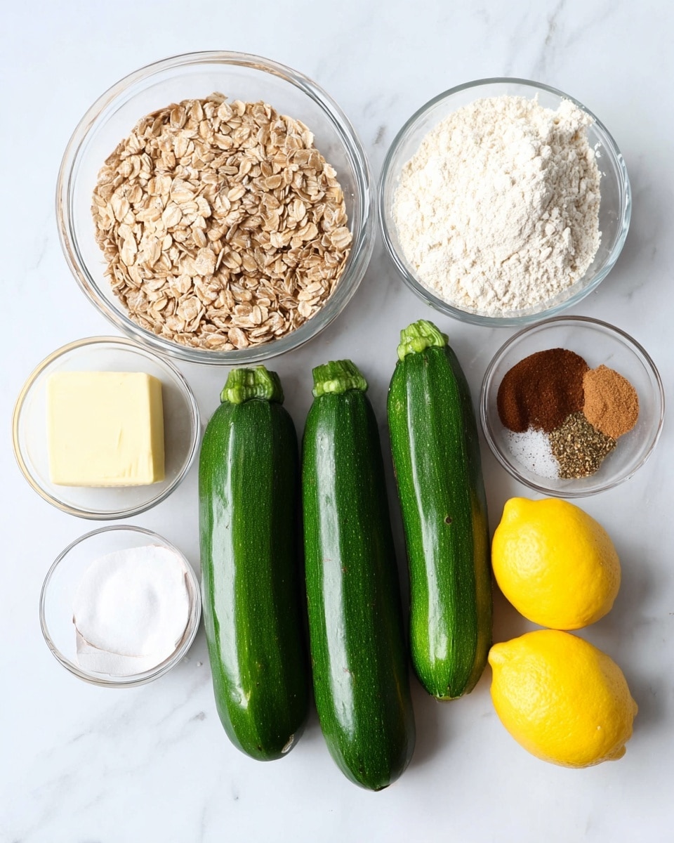 The image shows a white marbled surface with seven main ingredients arranged neatly. There are two bright yellow lemons placed at the bottom right. Above the lemons, four green zucchinis are displayed in a row with shiny, smooth skins. To the left of the zucchinis, a round glass bowl filled with light brown rolled oats is visible. At the top right, a large clear glass bowl contains white flour. Near the flour, a smaller clear glass bowl holds a mix of brown spices. Below that, another small clear glass bowl contains white granulated sugar. On the far left, a glass bowl with packed light brown sugar sits next to a paper-wrapped stick of butter. All the ingredients are spread out with space between them, set on the white marbled texture. photo taken with an iphone --ar 4:5 --v 7