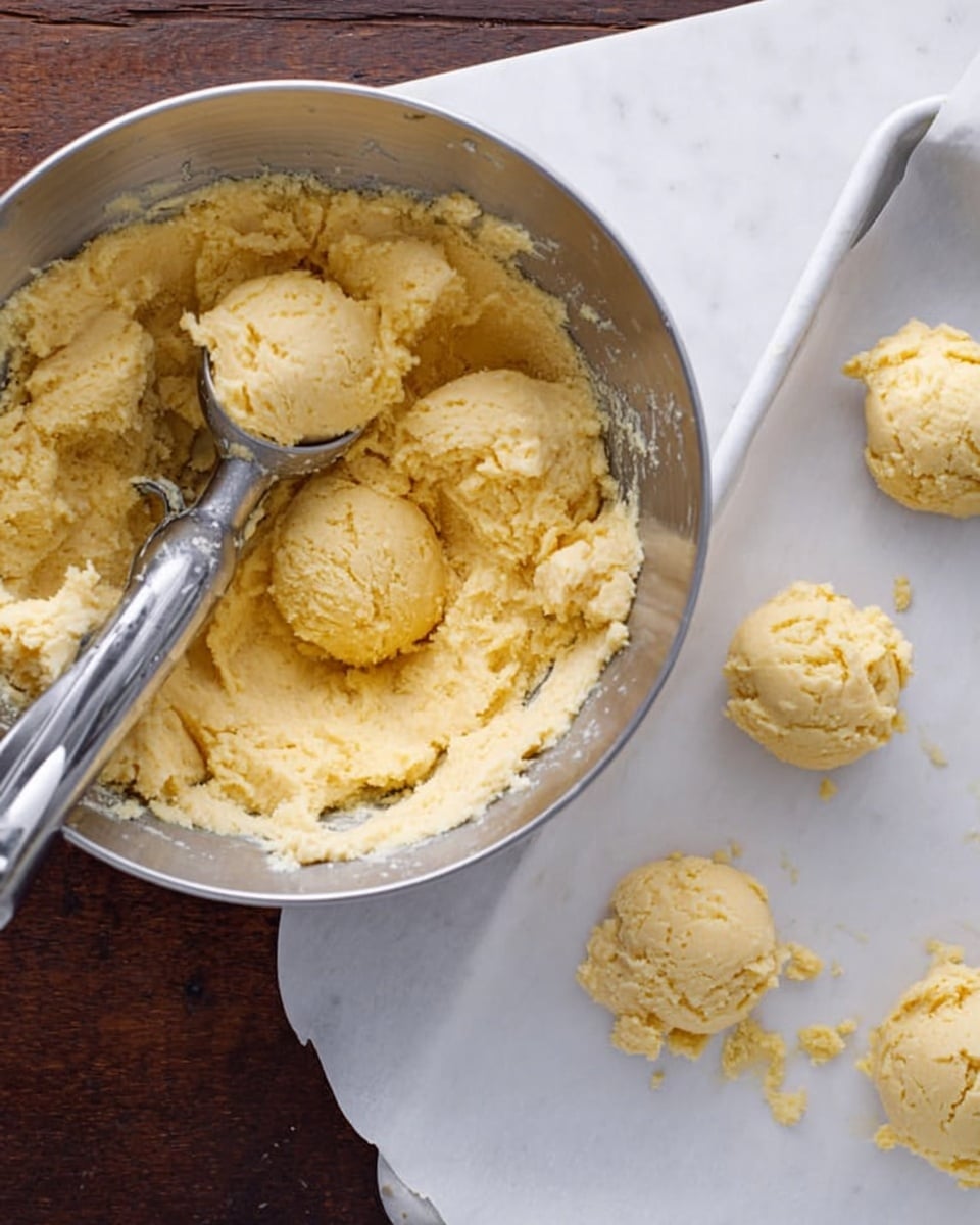 A top view of a large silver metal bowl filled with a pale yellow thick cookie dough with a metal ice cream scooper resting inside, placed on a white marbled surface. To the right, there is a white baking tray covered with white parchment paper holding four small scoops of the same yellow dough spaced evenly. In the top right corner, a small fifth scoop of dough sits directly on the white marbled surface. photo taken with an iphone --ar 4:5 --v 7