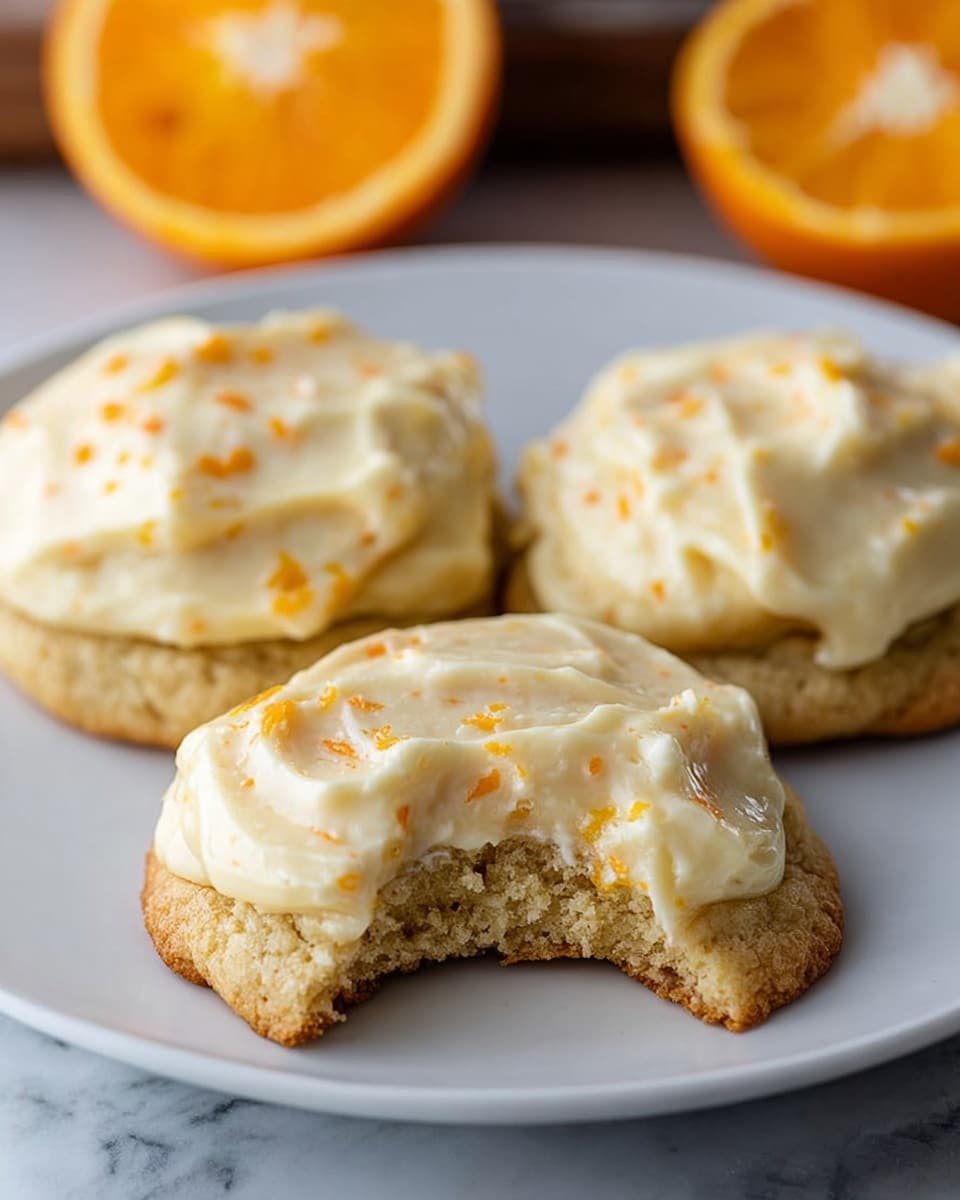 Three cookies sit on a white plate over a white marbled surface. Each cookie has one thick layer of light golden brown dough with a slightly crumbly texture, topped with a thick layer of creamy off-white frosting speckled with tiny orange bits. One cookie in front has a bite taken from it, revealing the soft inside dough beneath the frosting. In the background, two halves of a bright orange are visible. Photo taken with an iphone --ar 4:5 --v 7