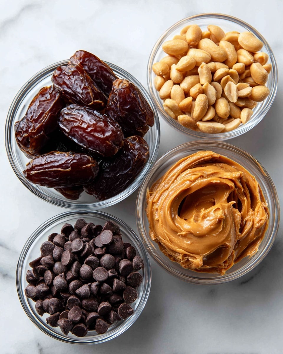 The image shows four small clear glass bowls arranged on a white marbled surface. The top left bowl contains dark brown Medjool dates with a shiny, slightly wrinkled texture. To the right of it, there's a bowl filled with light tan peanuts, showing their smooth and slightly rough texture. Below the dates, another bowl holds creamy peanut butter with a smooth, thick, and light brown surface. The bottom right bowl is filled with small, shiny dark brown chocolate chips, showing a smooth, rounded texture. The bowls are evenly spaced and viewed from above, creating a clean and organized look. Photo taken with an iphone --ar 4:5 --v 7