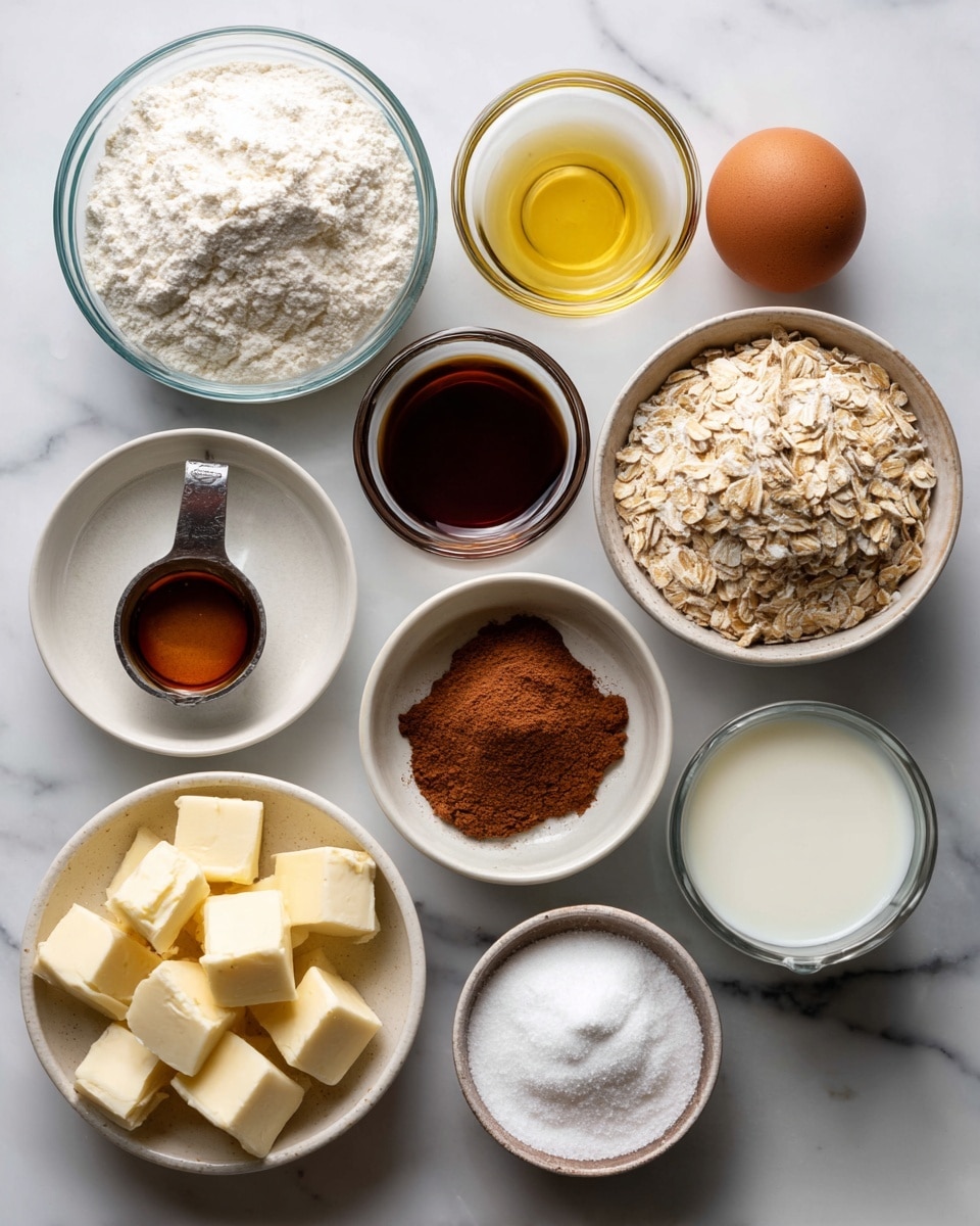 The image shows eleven small bowls and one metal measuring cup arranged on a white marbled surface. Starting from the top left, there is a clear glass bowl filled with white flour followed by a clear bowl with light yellow canola oil, and another clear bowl with dark brown vanilla extract. Below these, a small white bowl holds cinnamon powder, a brown egg lies next to it, and a large clear bowl contains light beige quick oats. On the bottom left, there is a clear bowl with pale yellow butter cubes, a metal measuring cup holds dark amber maple syrup, and below that, a small white bowl filled with white powdered sugar. Moving right, an off-white bowl with white milk sits next to a clear bowl containing white baking powder and salt. Each ingredient is clearly visible with distinct colors and textures, all placed on a smooth white marbled surface photo taken with an iphone --ar 4:5 --v 7