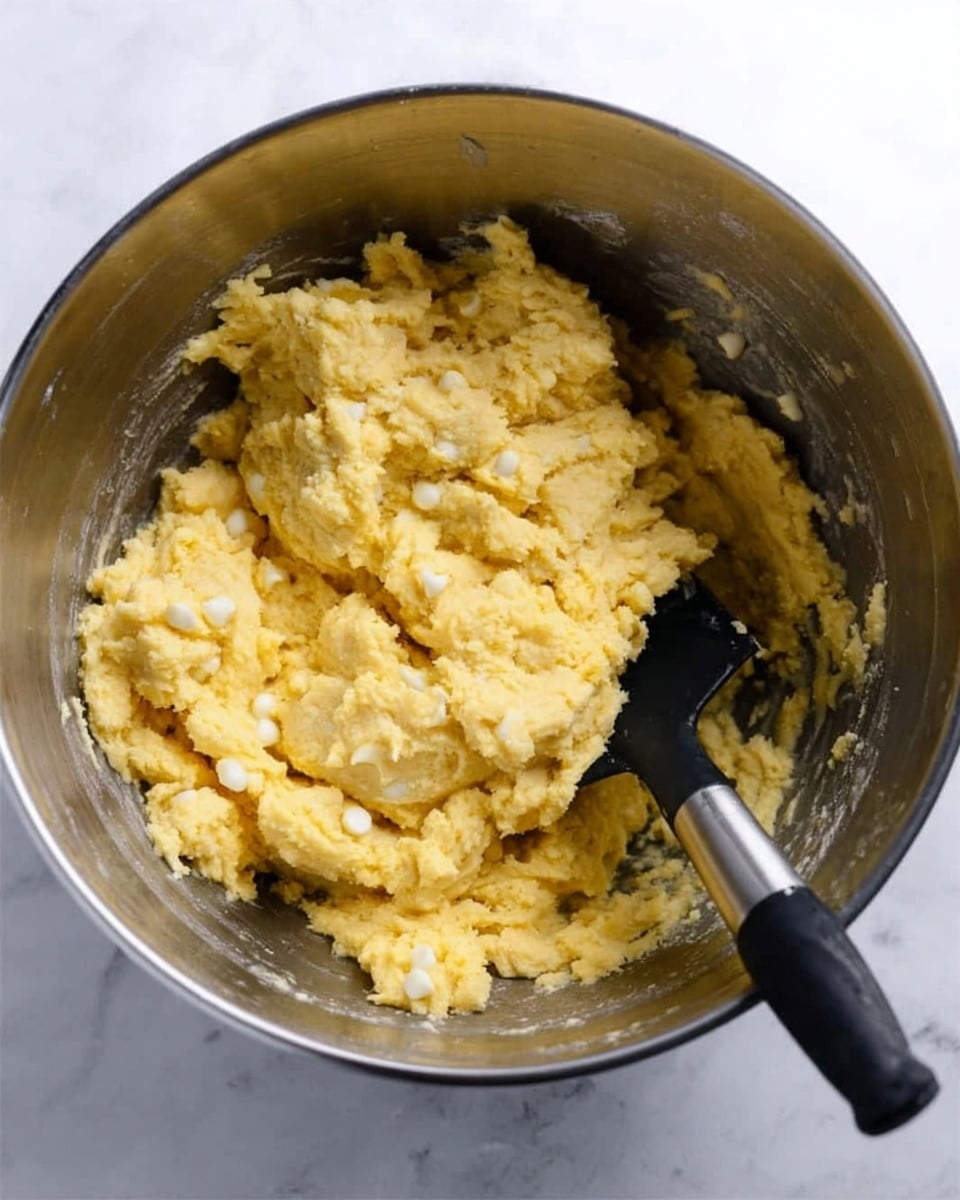 A metal mixing bowl filled with thick, yellow dough that has small white chips mixed throughout. A black spatula with a silver handle is partially inserted into the dough, resting on the edge of the bowl. The bowl is placed on a white marbled surface. photo taken with an iphone --ar 4:5 --v 7