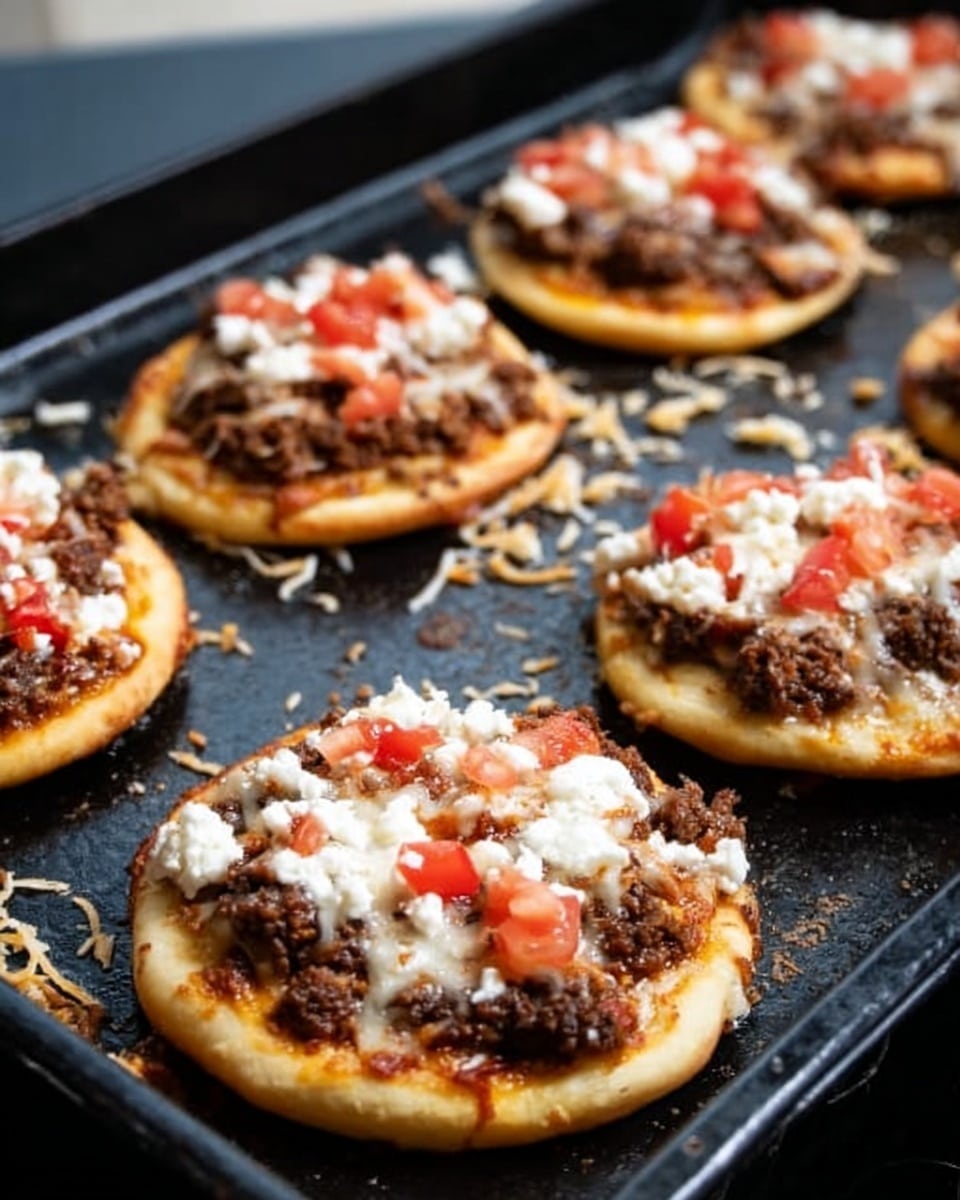 The image shows six small round pizzas on a black baking tray, each with three visible layers: a light golden crust at the bottom, a layer of dark brown meat on top of the crust, and a topping of white cheese and small pieces of red tomato scattered on the meat layer. The tray has some scattered cheese shreds and crumbs around the pizzas. The background is not visible. Photo taken with an iphone --ar 4:5 --v 7