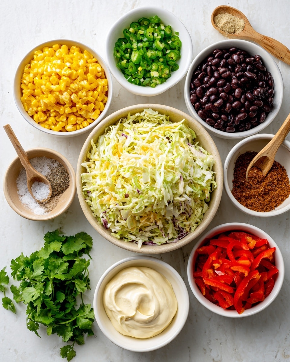 A white bowl full of coleslaw mix sits in the center on a white marbled background, surrounded by smaller white bowls arranged in a circle. Starting from the top and going clockwise, the bowls hold bright yellow roasted corn, dark black beans, finely chopped green jalapeno pepper, coarse salt with a small wooden spoon, ground black pepper with a small wooden spoon, light yellow lime juice, smooth white sour cream, crumbly brown taco seasoning, chopped green cilantro, and bright red bell pepper. In front of the coleslaw bowl, a white bowl of thick mayonnaise is visible. All items have bright, clear colors, and the setup is neatly organized with a clean look. Photo taken with an iphone --ar 4:5 --v 7