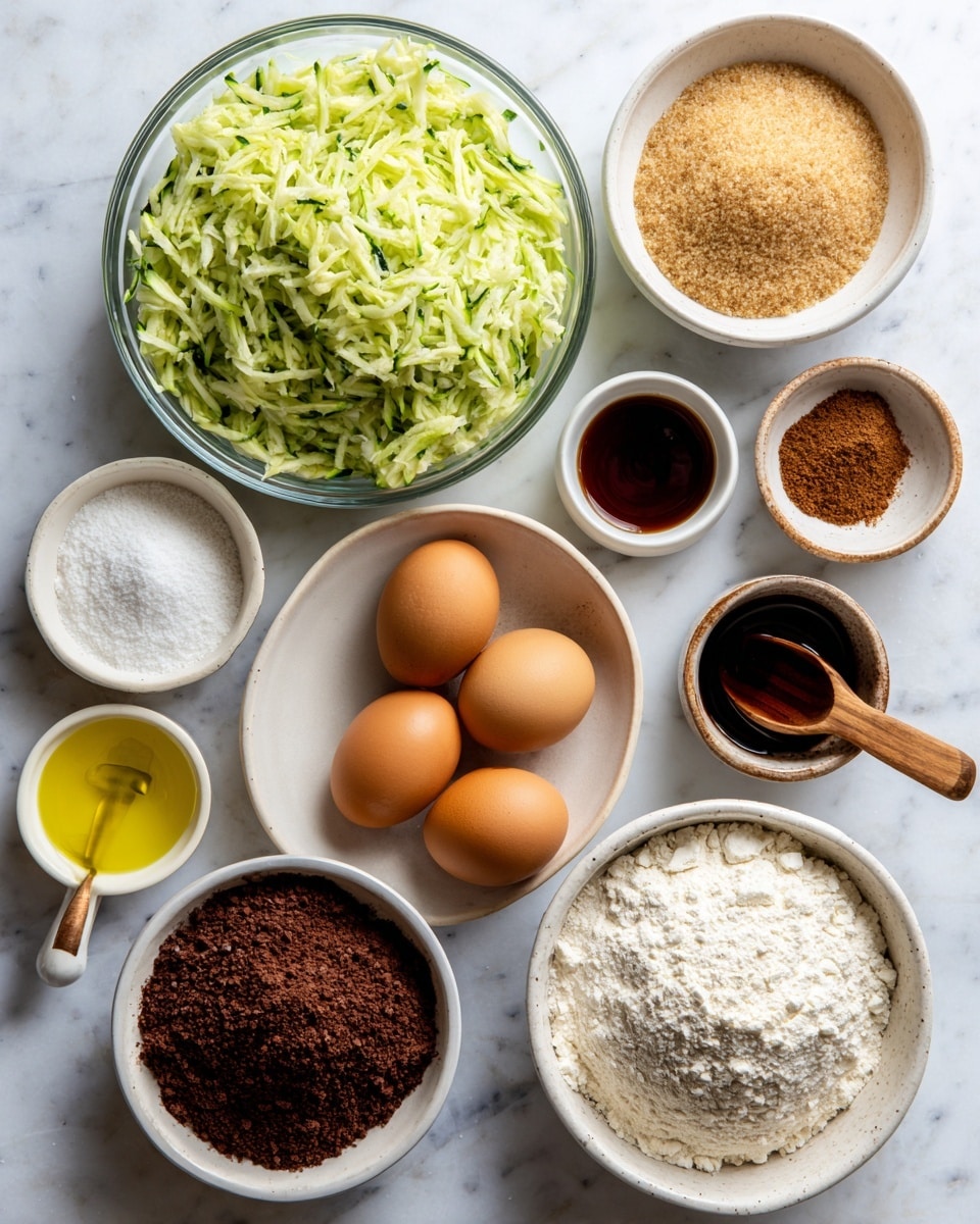 The image shows a variety of cooking ingredients arranged neatly on a white marbled surface. In the top left is a clear glass bowl filled with shredded green zucchini. Next to it on the right is a white bowl holding light brown granulated sugar. Below the zucchini is a small round white bowl with white salt, baking powder, and baking soda in separate sections. Next to it is a small white bowl with dark brown vanilla extract. Below the vanilla extract is a white bowl with yellow vegetable oil and a wooden handle. On the bottom left is a white bowl filled with dark brown semi-sweet chocolate chips. In the center is a white bowl containing three brown eggs. To the right of the eggs is a small white bowl with unsweetened cocoa powder, dark and powdery in texture. Near the bottom is a larger white bowl of fine white all-purpose flour. On the left side, there is a small white plate with a mix of brown cinnamon and nutmeg spices. All items are spaced evenly and clearly visible. Photo taken with an iphone --ar 4:5 --v 7