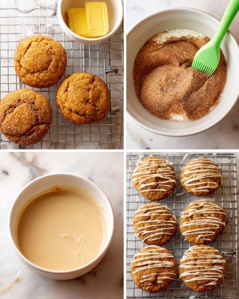 The image shows four panels of cinnamon sugar iced cookies making steps on a white marbled surface. The top left panel has two round golden-brown cookies on a silver cooling rack next to a white bowl with yellow butter and a green silicone brush. The top right panel shows one cookie being rolled in light brown cinnamon sugar inside a white bowl full of the sugar mix. The bottom left panel is a white bowl filled with creamy light beige icing. The bottom right panel has several round golden-brown cookies on a silver cooling rack with white icing lightly drizzled over them in thin lines. photo taken with an iphone --ar 4:5 --v 7