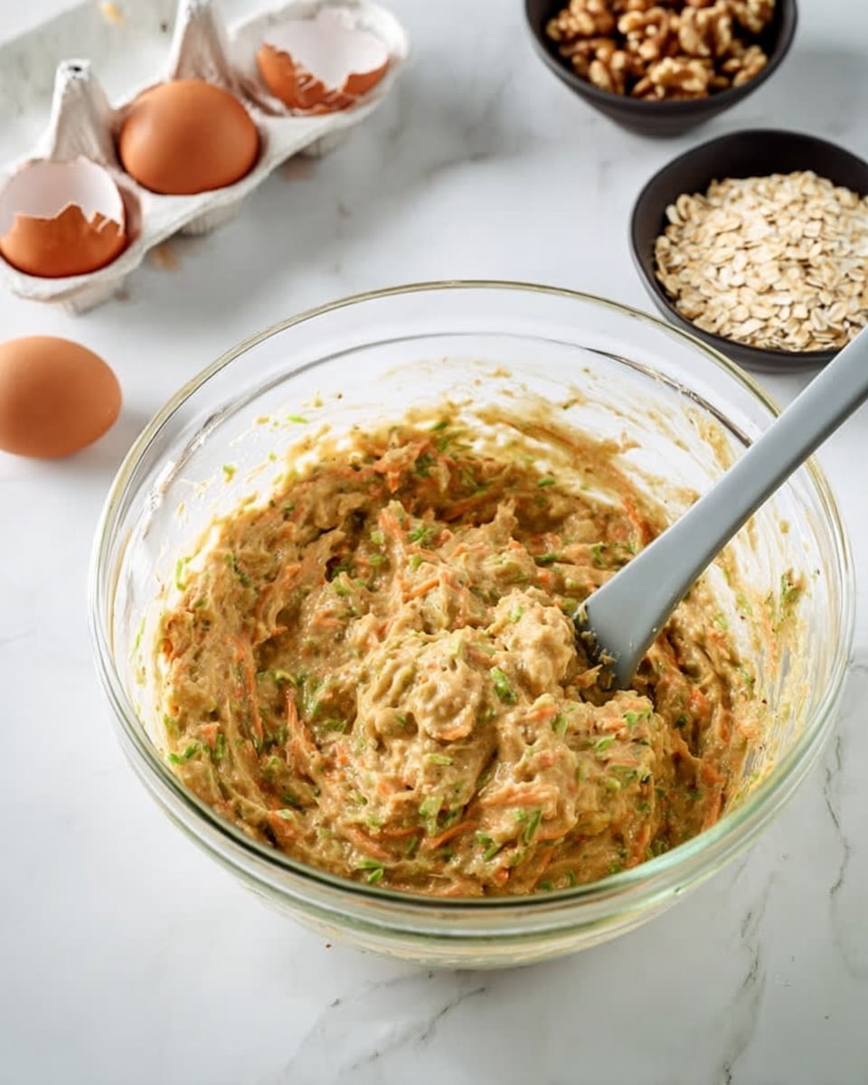 A clear glass bowl filled with a light brown batter mixed with visible strands of green and orange vegetables, thick and textured, with a gray spatula standing inside it. Near the bowl, there are broken brown eggshells resting in a white egg carton, a small black bowl filled with chopped walnuts, and a clear glass bowl containing dry oats. The background and surface have a smooth white marbled texture. photo taken with an iphone --ar 4:5 --v 7
