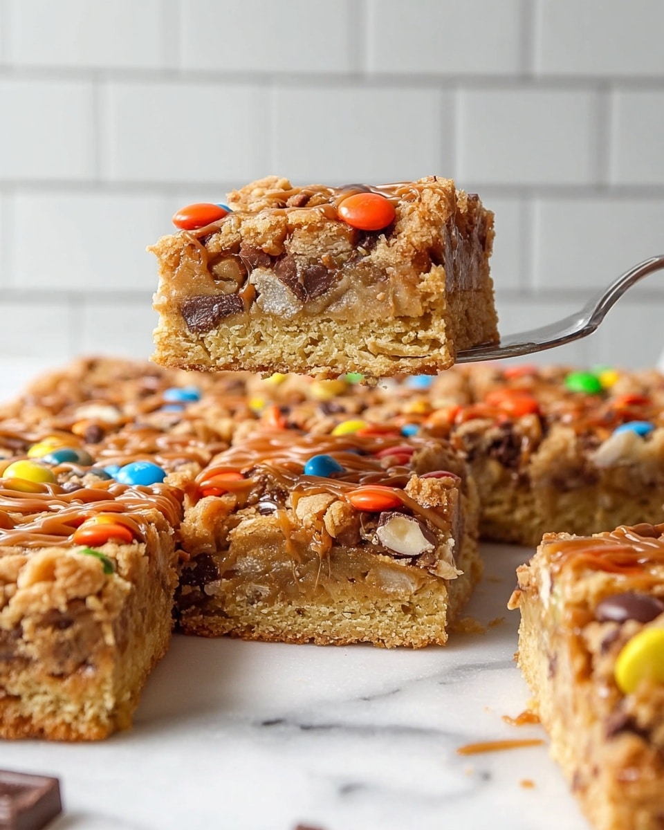 A close-up of a thick cookie bar being lifted by a fork, showing three distinct layers: a golden brown crumbly base, a middle layer with chunks of nuts and caramel, and a top layer covered with colorful candy-coated chocolates and a light drizzle of caramel sauce. The cookie bar is part of a larger cookie cut into square pieces, all resting on a white marbled surface in front of a white tiled wall. The overall texture is crumbly and dense with bright spots from the candies. photo taken with an iphone --ar 4:5 --v 7