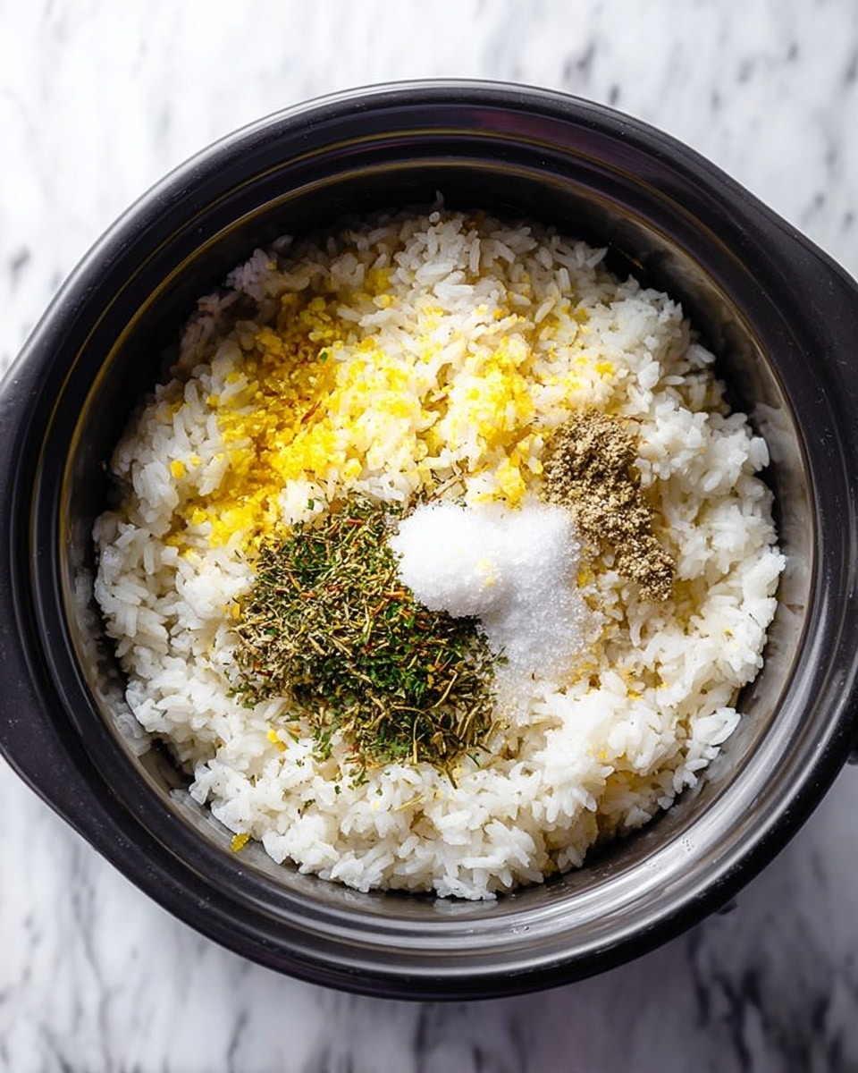 A black round rice cooker bowl contains uncooked white rice as the main bottom layer, topped with small piles of yellow oil, white salt, dried green herbs, and a small dollop of solid white fat, all scattered unevenly on the rice surface. The bowl sits on a white marbled surface. Photo taken with an iphone --ar 4:5 --v 7