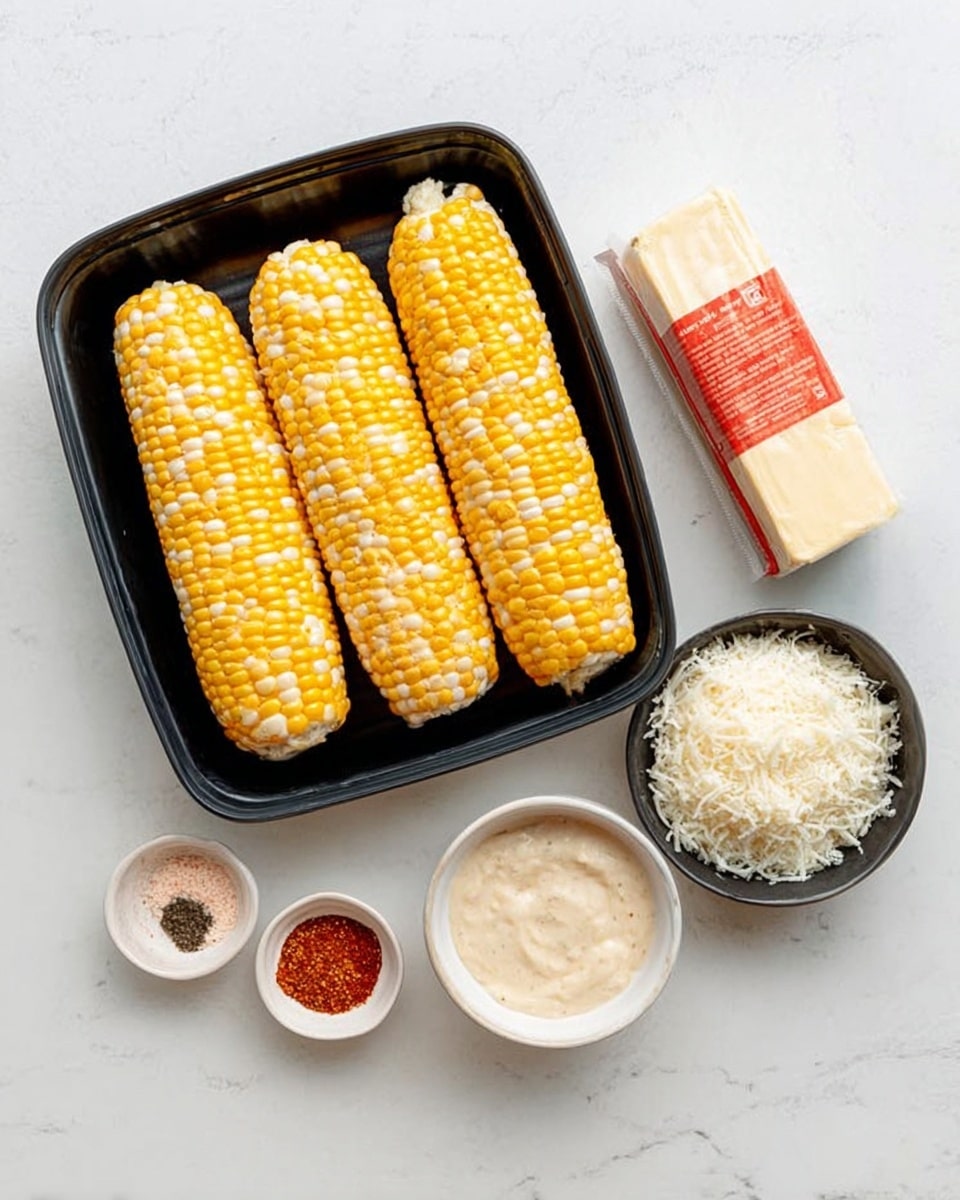 The image shows four ears of yellow and white corn arranged side by side inside a black plastic tray on a white marbled surface. To the right, there is a small black bowl filled with finely grated white cheese, and next to it is a stick of butter with red markings on the wrapper. Below the butter, a small white bowl contains a creamy sauce with a pale, smooth texture. To the left of the sauce, another small white bowl holds three separate piles of spices: one light pink, one black, and one reddish-brown. The overall setting is clean and bright with a minimalistic look, photo taken with an iphone --ar 4:5 --v 7