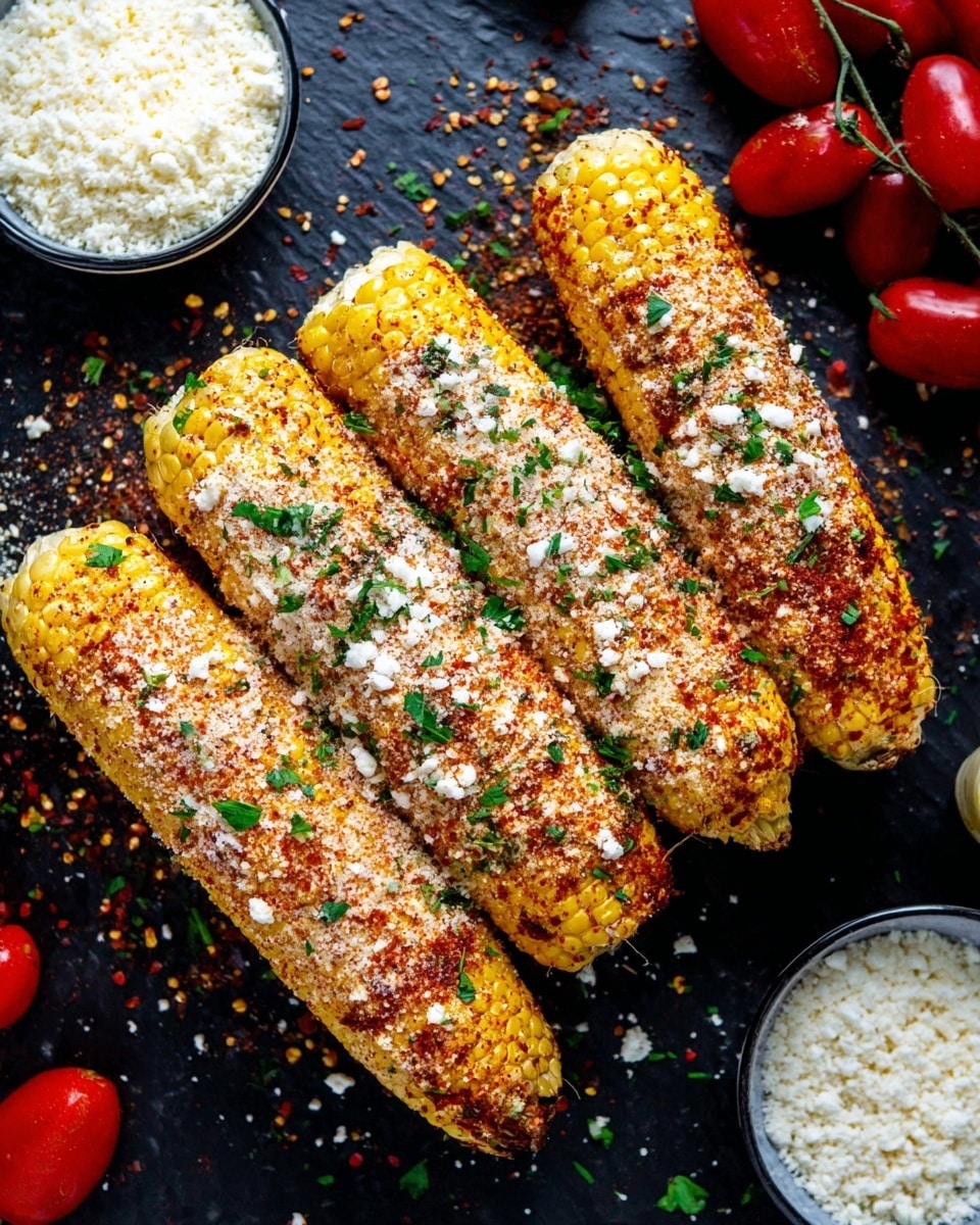 Four corns on the cob are placed close together on a dark surface sprinkled with coarse salt and red chili flakes. Each corn is covered with multiple layers: first the bright yellow corn kernels, then a coating of white crumbly cheese, followed by a layer of red chili powder, and lastly small pieces of chopped green herbs sprinkled on top. Around the corns, there are white bowls filled with white cheese, salt, and more red chili flakes, and a small cluster of red cherry tomatoes is visible in one corner. photo taken with an iphone --ar 4:5 --v 7
