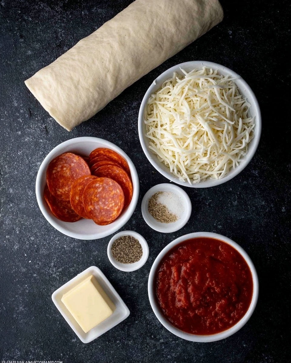 The image shows six small white bowls and a lined cylindrical container with dough on a black textured surface. The top cylindrical container has pale dough rolled tightly inside. The top right white bowl is filled with a large pile of shredded white cheese with a soft, stringy texture. To the left of the cheese bowl is a smaller white bowl containing several thin, round slices of reddish pepperoni with a shiny surface. Below the pepperoni is another small white bowl divided evenly with light beige garlic powder and a dark, coarse herb. Below this bowl is a very small white bowl holding a solid square of pale yellow butter. Finally, the bottom right white bowl contains thick, rich red tomato sauce with a lumpy texture. The whole set is placed on a black background with a slightly rough texture. photo taken with an iphone --ar 4:5 --v 7