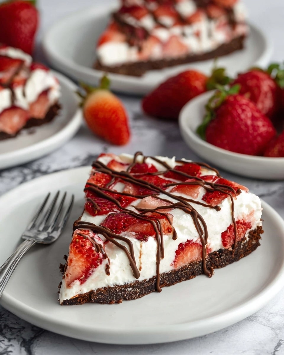 A slice of dessert with three layers sits on a white plate next to a silver fork. The bottom layer is dark brown, dense, and crumbly, resembling a cookie crust. On top is a thick white cream layer scattered with bright red strawberry pieces. The top layer has thin lines of dark brown chocolate drizzled over the cream and strawberries. In the background, there are more slices of the dessert on white plates and fresh whole strawberries on a white marbled surface. Photo taken with an iphone --ar 4:5 --v 7