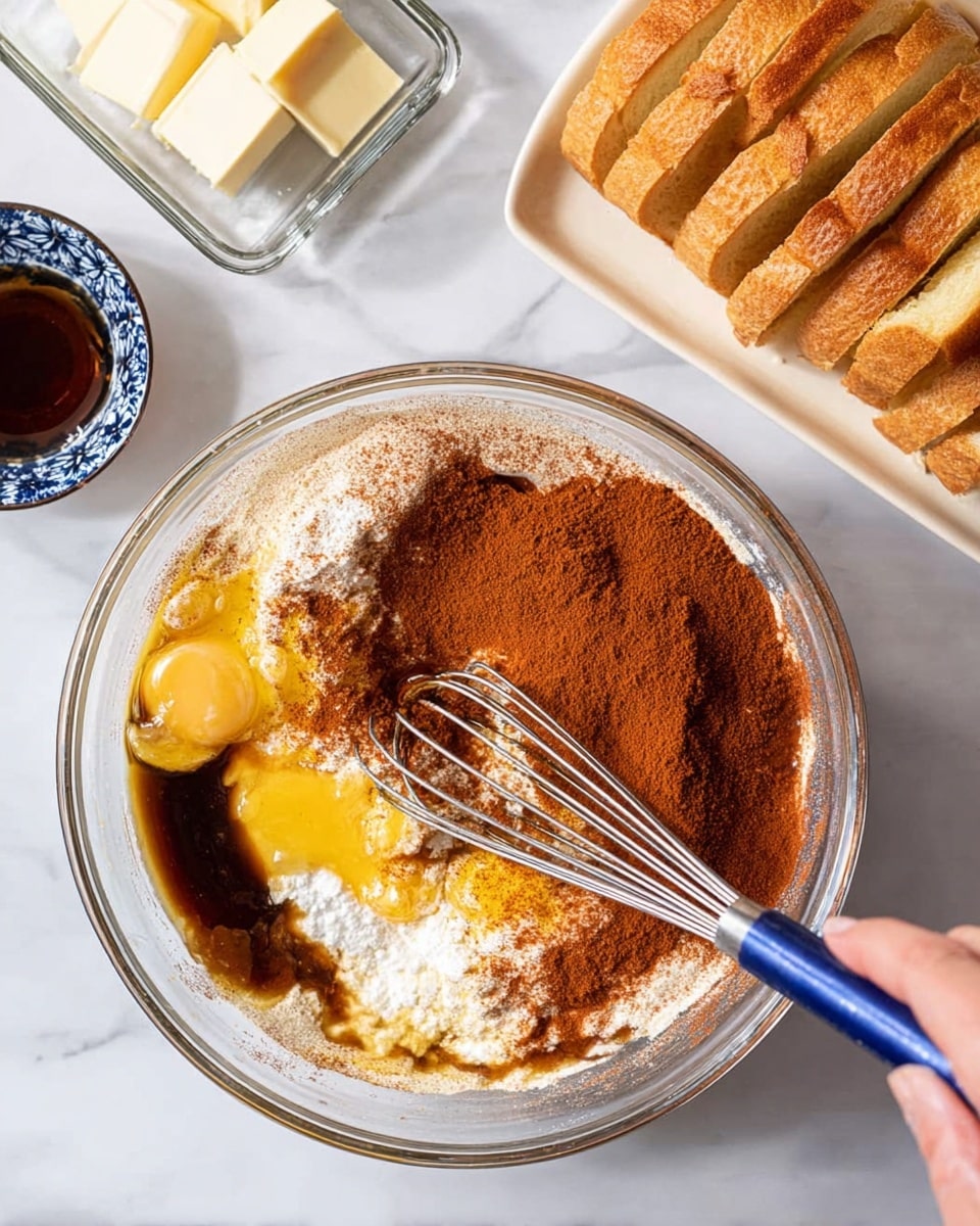 A clear glass bowl sits on a white marbled surface, filled with several layers of ingredients ready to be mixed: light beige flour or powdered sugar at the bottom, partly covered by bright yellow egg yolks, with a dark brown liquid, likely vanilla or syrup, pooling on one side, and a thick layer of reddish-brown cinnamon powder spread unevenly on top. A woman’s hand is holding a blue whisk with a silver handle, gently stirring the contents from the left side. Nearby, a rectangular white plate holds several slices of golden-brown bread, while a small clear glass dish with rectangular butter pieces and a dark syrup jar sit on the surface nearby. The scene is clean and bright with soft natural light. photo taken with an iphone --ar 4:5 --v 7