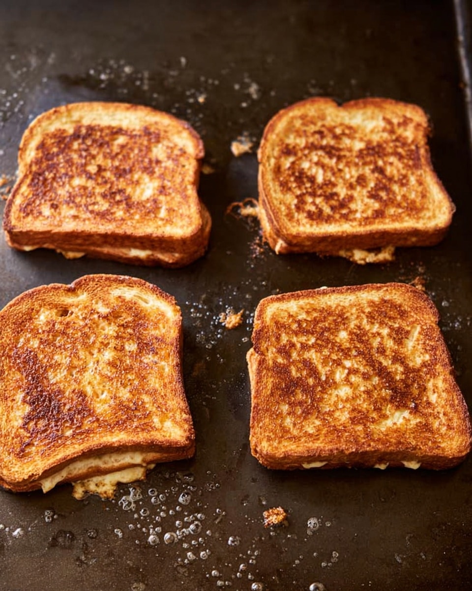 There are four toasted sandwiches on a dark cooking surface with some scattered crumbs and melted butter spots. Each sandwich is made from two slices of golden-brown bread with a crispy texture. The sandwich in the bottom left corner has some melted cheese peeking out from the sides. The cooking surface has a slightly worn look with some discoloration and slight stains. The image shows the sandwiches from above, capturing their warm, toasted look. photo taken with an iphone --ar 4:5 --v 7