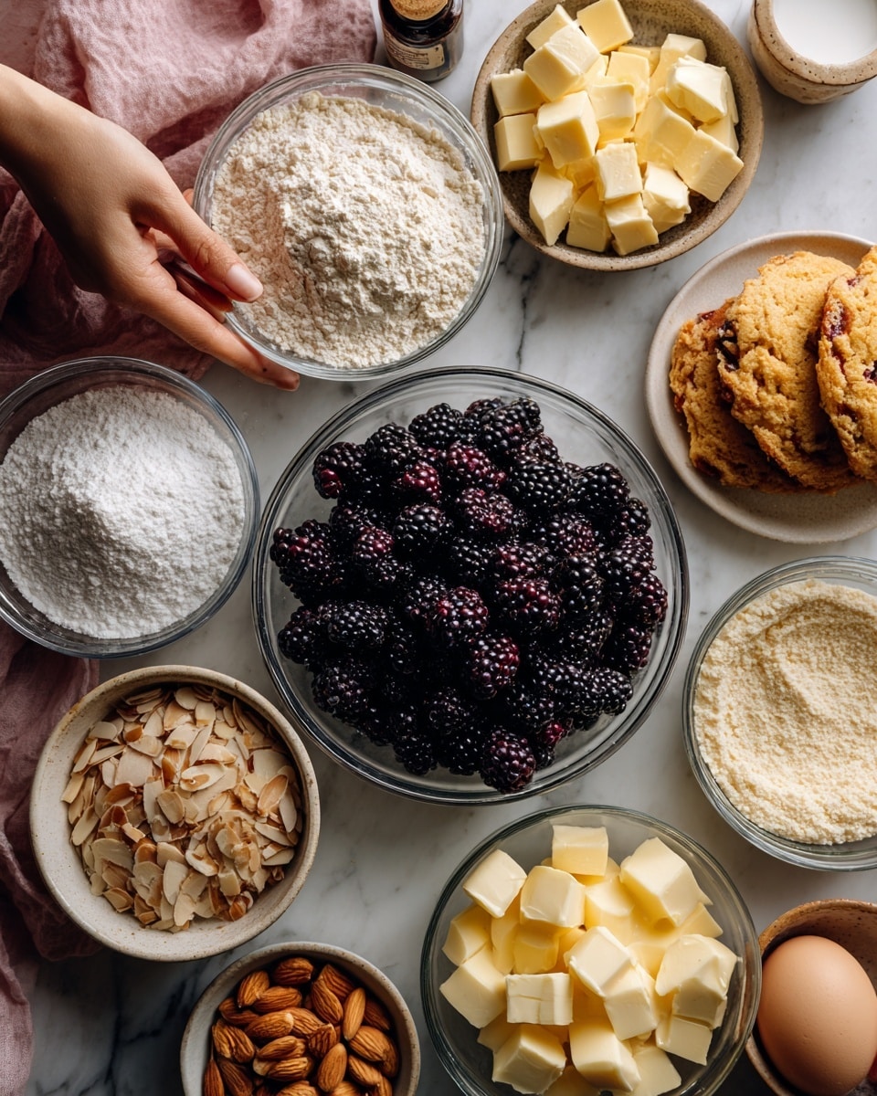 A set of clear glass bowls arranged on a white marbled surface, each holding different baking ingredients. At the center is a bowl filled with deep purple-black blackberries. Surrounding it are bowls with white cake flour topped with a small pile of white baking powder and a pinch of salt, a bowl with sliced light tan almonds, another with light brown sugar, white buttermilk, and melted yellow butter. A bowl with granulated white sugar is near a bowl containing yellow-orange eggs, and another holds white butter cubes. There is also a small bottle labeled almond extract. To the upper left, a woman's hand is gently reaching toward the bowls, which sit partially on a soft pink cloth. Photo taken with an iphone --ar 4:5 --v 7