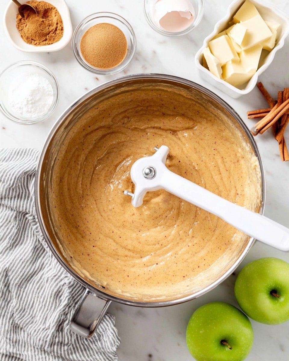 A shiny metal mixing bowl filled with smooth light brown batter with tiny specks, the batter being mixed by a white mixer paddle in the center. Around the bowl, on a white marbled surface, there are two fresh green apples at the bottom right, a small clear bowl with a rectangular block of butter near the top, cinnamon sticks and ground spices on the right side, cracked eggshells on a white egg tray near the top left, a small white bowl of brown sugar, and a small bowl of light brown sauce or puree at the bottom right. A folded gray and white striped cloth is placed under the left side of the bowl. photo taken with an iphone --ar 4:5 --v 7