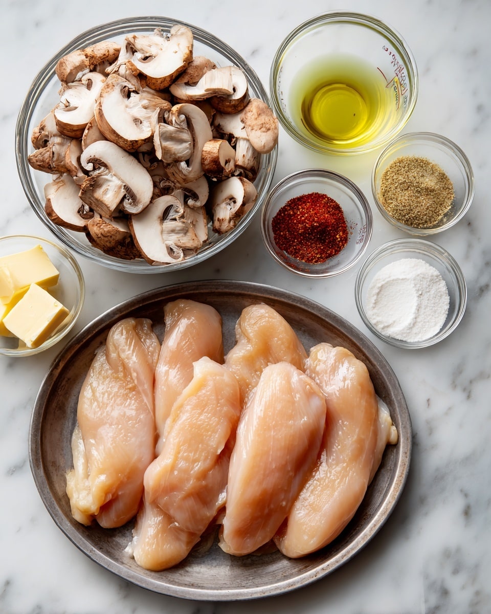 The image shows raw thin chicken fillets placed on a metal tray on a white marbled surface. Surrounding the tray are various clear glass bowls filled with ingredients: one large bowl full of sliced mushrooms, a smaller bowl with two pats of butter, a measuring glass cup holding a yellow liquid (likely oil), two small bowls with white powder and a combination of three spices (one red and two pale yellow powders), and a light greenish-yellow liquid in a taller glass at the back. The colors in the image are natural and soft, with a clear view of each ingredient’s texture and shape, all arranged neatly in a cooking preparation style photo taken with an iphone --ar 4:5 --v 7