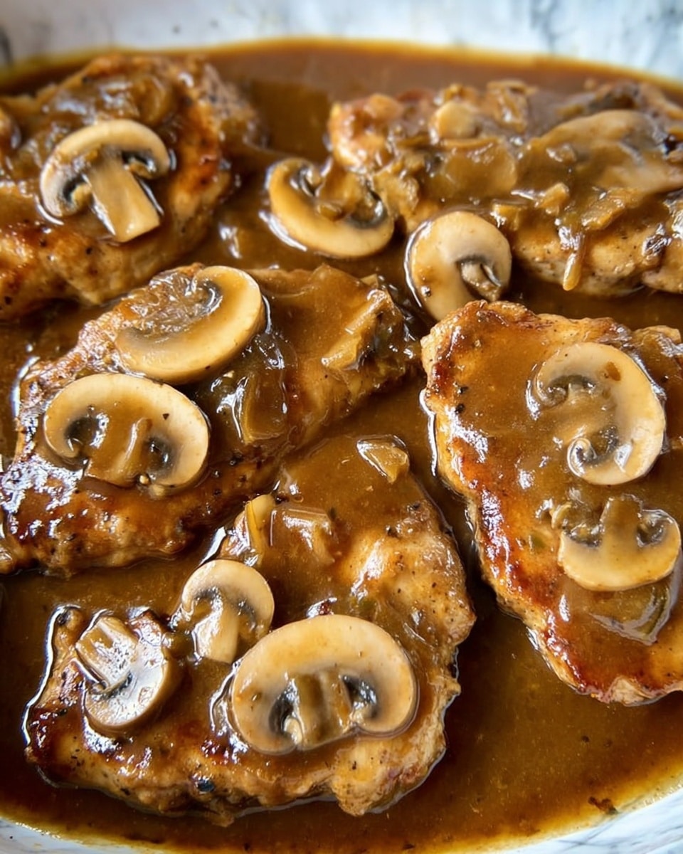 This image shows several pieces of cooked meat covered in a thick, brown mushroom sauce. The meat pieces are golden brown with some areas showing a slight crust, and they are partially submerged in the shiny, rich sauce. On top of the sauce and meat, there are sliced mushrooms, each with a light beige color and smooth texture. The sauce looks smooth and slightly glossy, pooling around the meat and mushrooms. The background is a white marbled surface. photo taken with an iphone --ar 4:5 --v 7