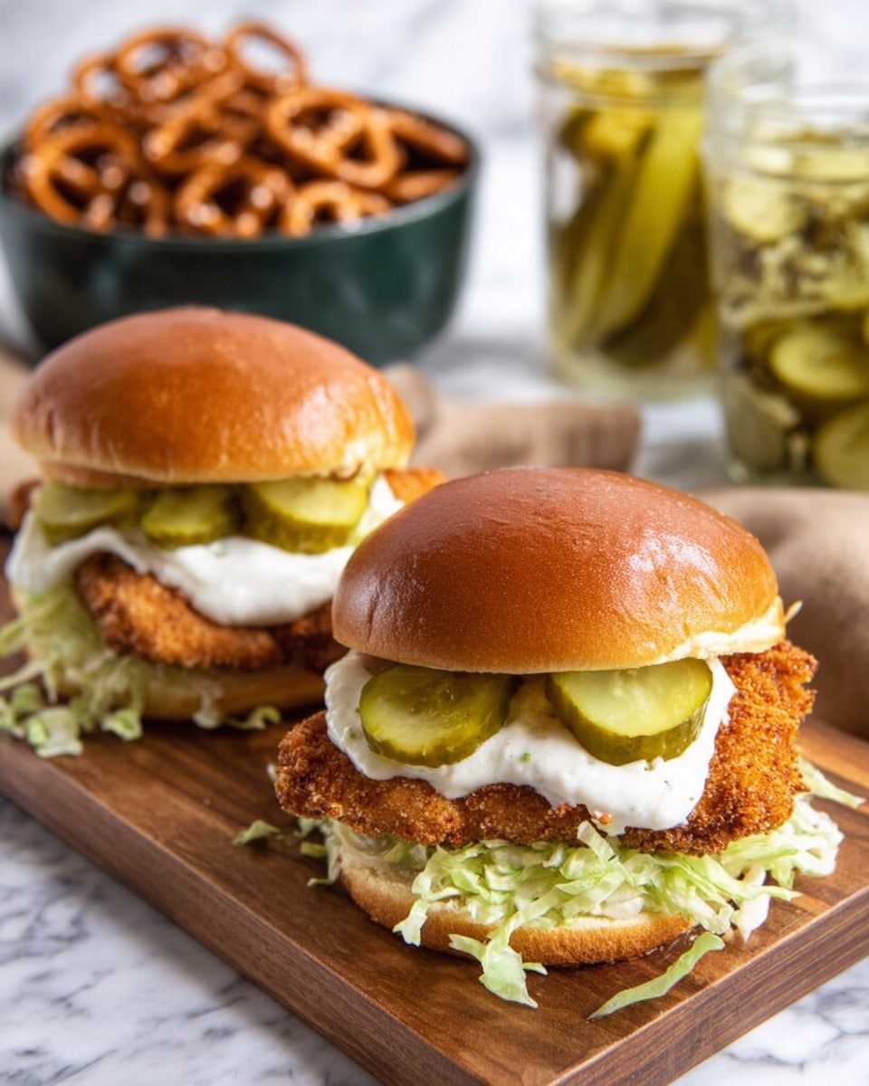 Two sandwiches are placed on a wooden board on a white marbled surface. Each sandwich has a soft, shiny light brown bun on top. Below the top bun, there are several green pickle slices, followed by a dollop of white creamy sauce. Under the sauce, there is a crispy brown fried patty. At the bottom, there is a layer of shredded light green lettuce that spills out slightly from under the patty. Behind the sandwiches on the white marbled surface, there is a dark green bowl filled with small pretzels and a jar of pickle slices. photo taken with an iphone --ar 4:5 --v 7