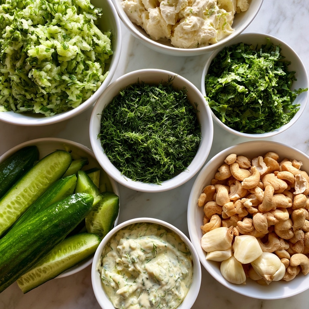 A white bowl filled with a creamy, thick dip speckled with finely chopped green herbs and small pieces of cucumber, topped with a few drops of yellow olive oil and extra chopped green herbs for garnish. On one side of the bowl, several triangular pieces of soft, lightly browned pita bread rest partially dipped into the creamy mixture. The bowl sits on a white marbled surface. photo taken with an iphone --ar 4:5 --v 7