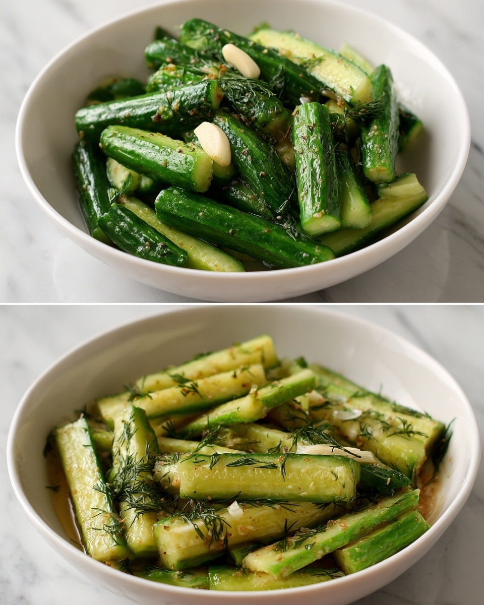 The top image shows a white bowl filled with cucumber pieces cut into long sticks with green skin and pale green inside. There are slices of light cream-colored garlic and some green dill sprinkled on top. The bottom image shows the same white bowl where the cucumber sticks have been mixed with the garlic and dill, making the ingredients look evenly spread. The cucumbers have a light coating of oil or dressing making them shiny. The bowl sits on a white marbled surface. photo taken with an iphone --ar 4:5 --v 7