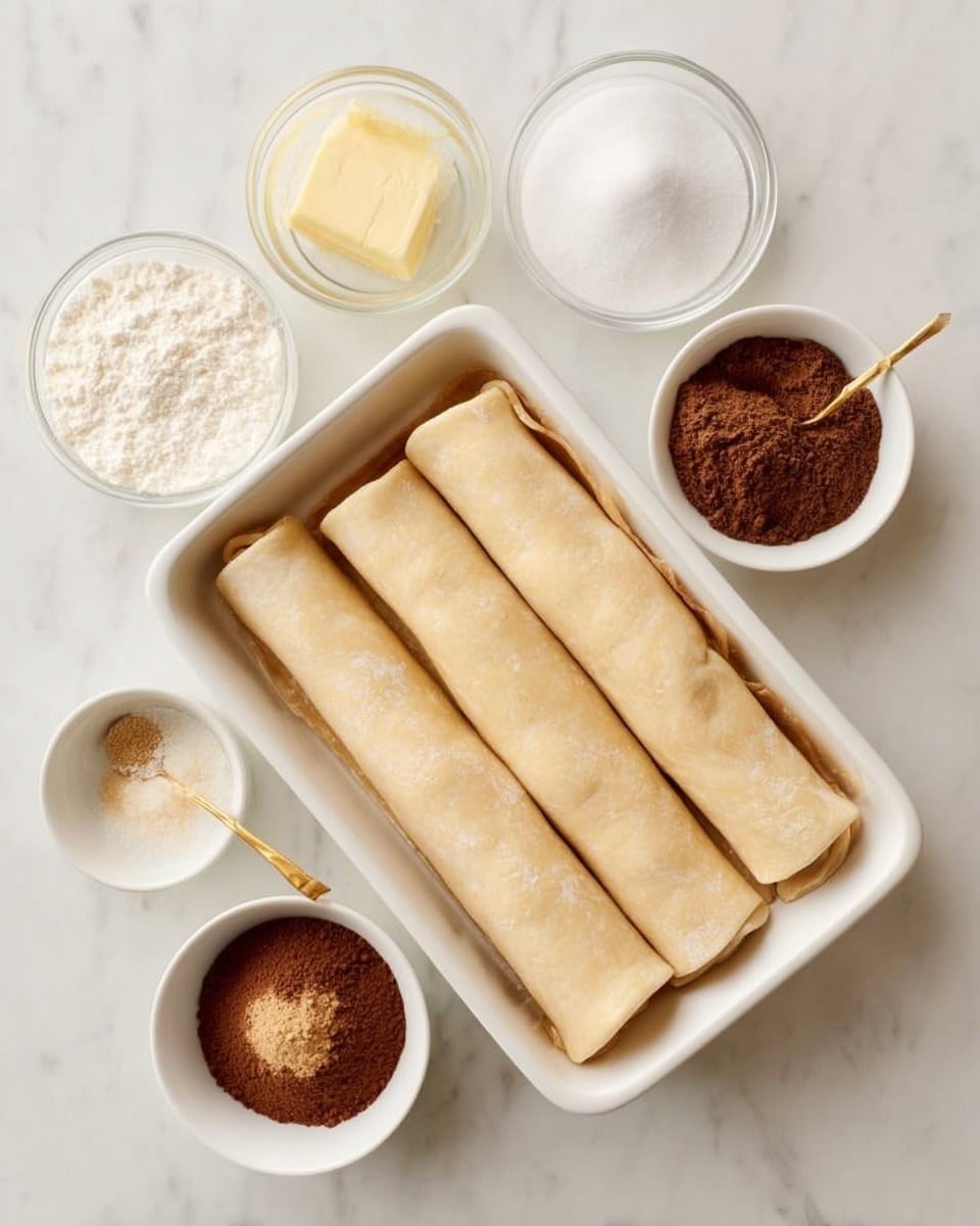 The image shows a white rectangular dish with four rolled-up light beige dough layers neatly placed side by side. Around the dish on a white marbled surface, there are six small clear or white bowls containing various ingredients: a small amount of butter in a glass bowl, powdered white sugar in a larger white bowl, a light brown round shaped sugar in a white bowl, dark brown cocoa powder in a clear bowl, a fine cinnamon and sugar mix with a small golden spoon in a white bowl, and a small glass bowl with white cream or milk. The ingredients are arranged neatly in a balanced way around the rolled dough. photo taken with an iphone --ar 4:5 --v 7