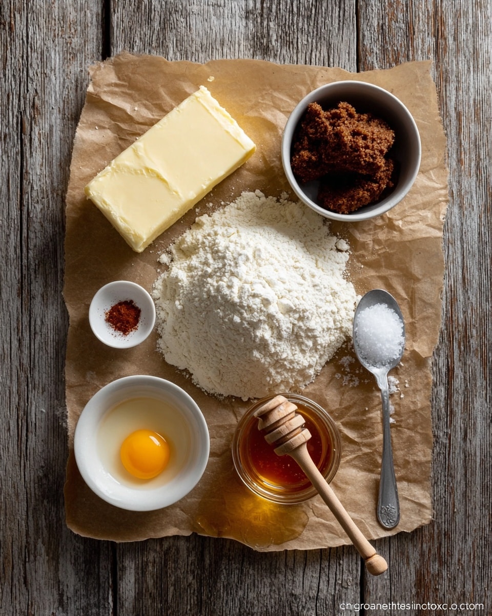 The image shows a flat lay of baking ingredients on a sheet of brown parchment paper, placed on a rustic wooden surface. Starting from the center, there is a large mound of white flour with a slightly rough texture. To the left of the flour is a rectangular slab of pale yellow butter. Below the butter is a small white bowl holding one raw egg with a bright yellow yolk and clear egg white. Above the flour, to the right, is a white bowl filled with dark brown sugar, appearing crumbly. To the bottom right of the flour sits a small glass jar of honey, golden and smooth, with a wooden honey dipper resting on the jar’s edge and honey pooling on the parchment. Above the honey jar, there is a tiny white bowl containing a reddish-brown powder, likely cinnamon. A small pile of white salt is placed on the parchment near the butter, and a silver spoon with coarse salt is at the bottom right corner of the frame. The setting is simple and clear, with all items neatly spaced on the parchment against the weathered wood. Photo taken with an iphone --ar 4:5 --v 7