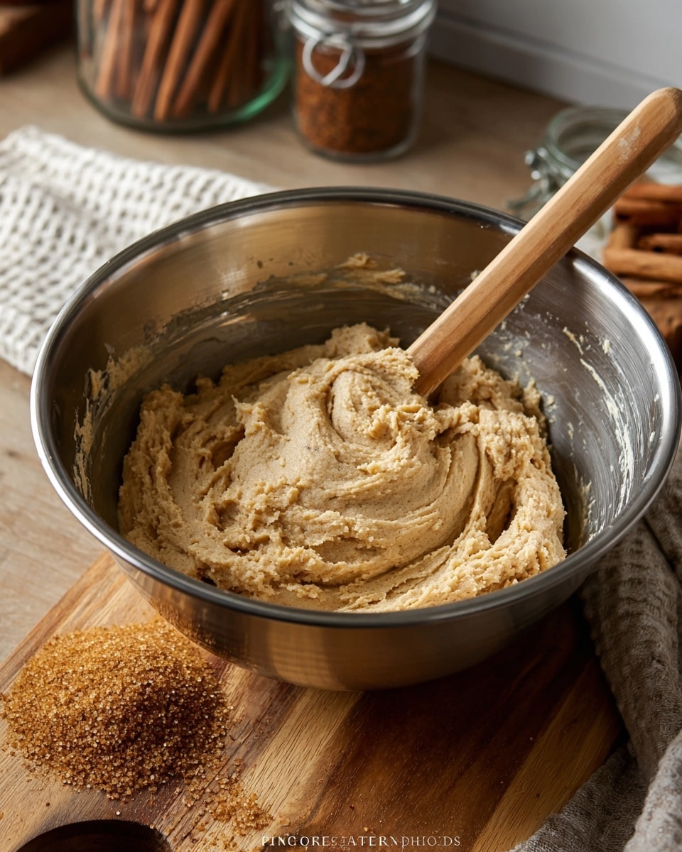 A close-up view of light brown, creamy dough with a slightly grainy texture inside a shiny silver metal mixing bowl, swirled smoothly around a wooden spoon with a long handle resting inside. The bowl is placed on a wooden surface with a small pile of brown sugar grains scattered on one side and a glass jar filled with cinnamon sticks nearby. The background shows a blurry kitchen counter with jars and a white textured cloth. photo taken with an iphone --ar 4:5 --v 7