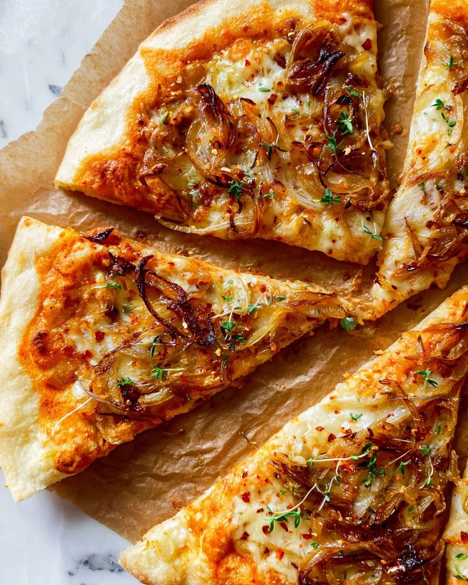 A close-up of four pizza slices arranged on a piece of brown parchment paper over a white marbled surface. The pizza has a thin, golden-brown crust with a slightly fluffy texture. Each slice has a layer of orange sauce topped with melted cheese that is creamy white with slightly browned spots. Thin caramelized onion strips are scattered on top, showing some dark brown, crispy edges. Small sprinkles of green herbs and red pepper flakes add color contrast across the pizza surface. Photo taken with an iphone --ar 4:5 --v 7