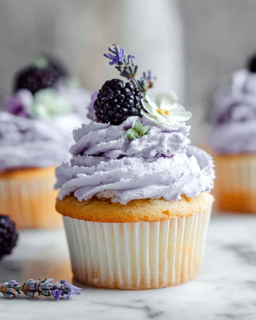 Vanilla Cupcakes with Blackberry Jam Filling and Lavender Frosting Recipe
