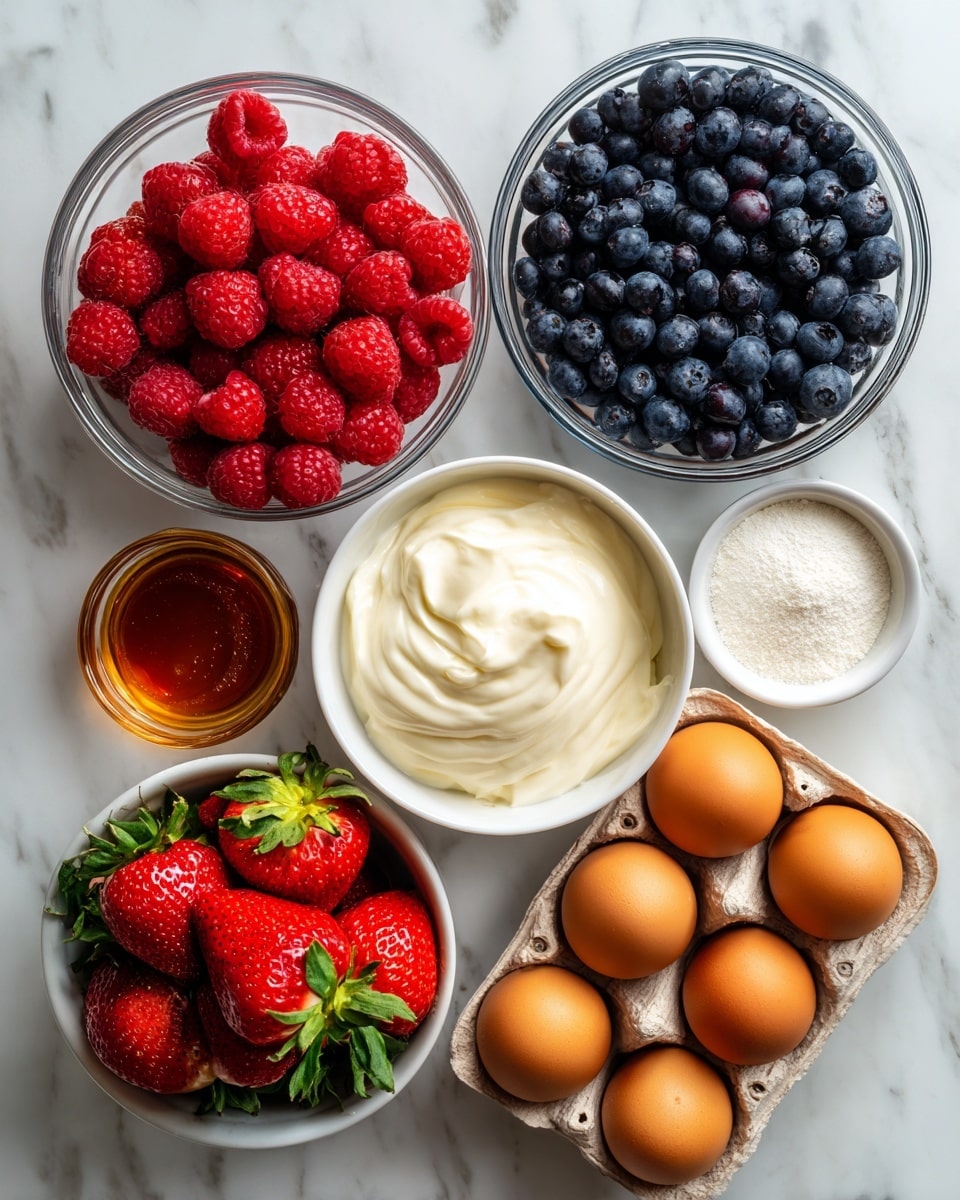 The image shows several ingredients arranged on a white marbled surface in a neat layout. At the top left, there is a clear plastic container filled with bright red raspberries with a soft, bumpy texture. Next to it on the right is another clear plastic container filled with round, dark blue blueberries, smooth and shiny. Below the blueberries, there is a white bowl filled with fresh strawberries, bright red with green leafy tops. In the center is a white round bowl filled with creamy white Greek yogurt, smooth and thick. Below the raspberries, there is a small white bowl holding fine white cornstarch powder. To the right of this bowl, a brown cardboard carton holds seven brown eggs, smooth and oval. At the bottom left corner, a small clear glass container holds dark golden maple syrup, glossy and liquid. To the right of the syrup is another small clear container filled with golden brown vanilla extract, also glossy. The colors are vibrant and the arrangement is clean and balanced, photo taken with an iphone --ar 4:5 --v 7