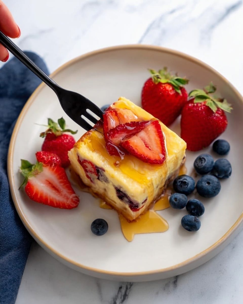 A white round plate sits on a white marbled surface, holding a square slice of a creamy yellow dessert layered with embedded red strawberries and blueberries. The dessert is topped with a shiny drizzle of golden syrup that flows down the sides. Surrounding the slice on the plate are three whole red strawberries with green tops, and a small pile of fresh blueberries near the upper edge. A black fork rests on the left side of the plate, with a woman’s hand starting to reach for it from the left side of the frame. Photo taken with an iphone --ar 4:5 --v 7