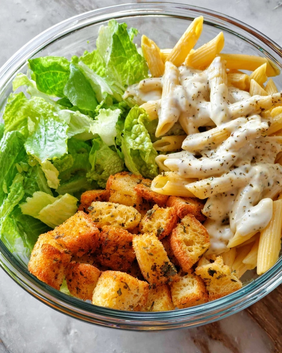 A clear round bowl holds three main layers: at the bottom left, fresh green lettuce leaves with smooth texture; at the bottom right, golden brown croutons coated with herbs and a crispy texture; and on the top left, pale yellow penne pasta with a smooth surface, topped with a thick creamy white sauce with herbs. The bowl sits on a white marbled surface photo taken with an iphone --ar 4:5 --v 7