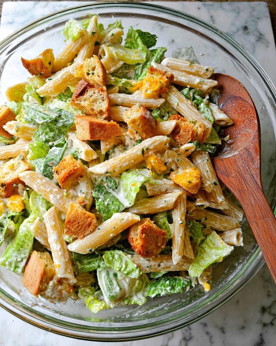 A clear glass bowl holds a pasta salad with three main parts: light yellow penne pasta, chopped green lettuce leaves, and golden brown toasted croutons. The pasta and lettuce are coated in a creamy white dressing with visible herbs. The croutons are scattered on the top and mixed inside, showing a crunchy texture. A wooden spoon rests on the side inside the bowl, ready to mix the salad. The bowl sits on a white marbled surface. Photo taken with an iphone --ar 4:5 --v 7