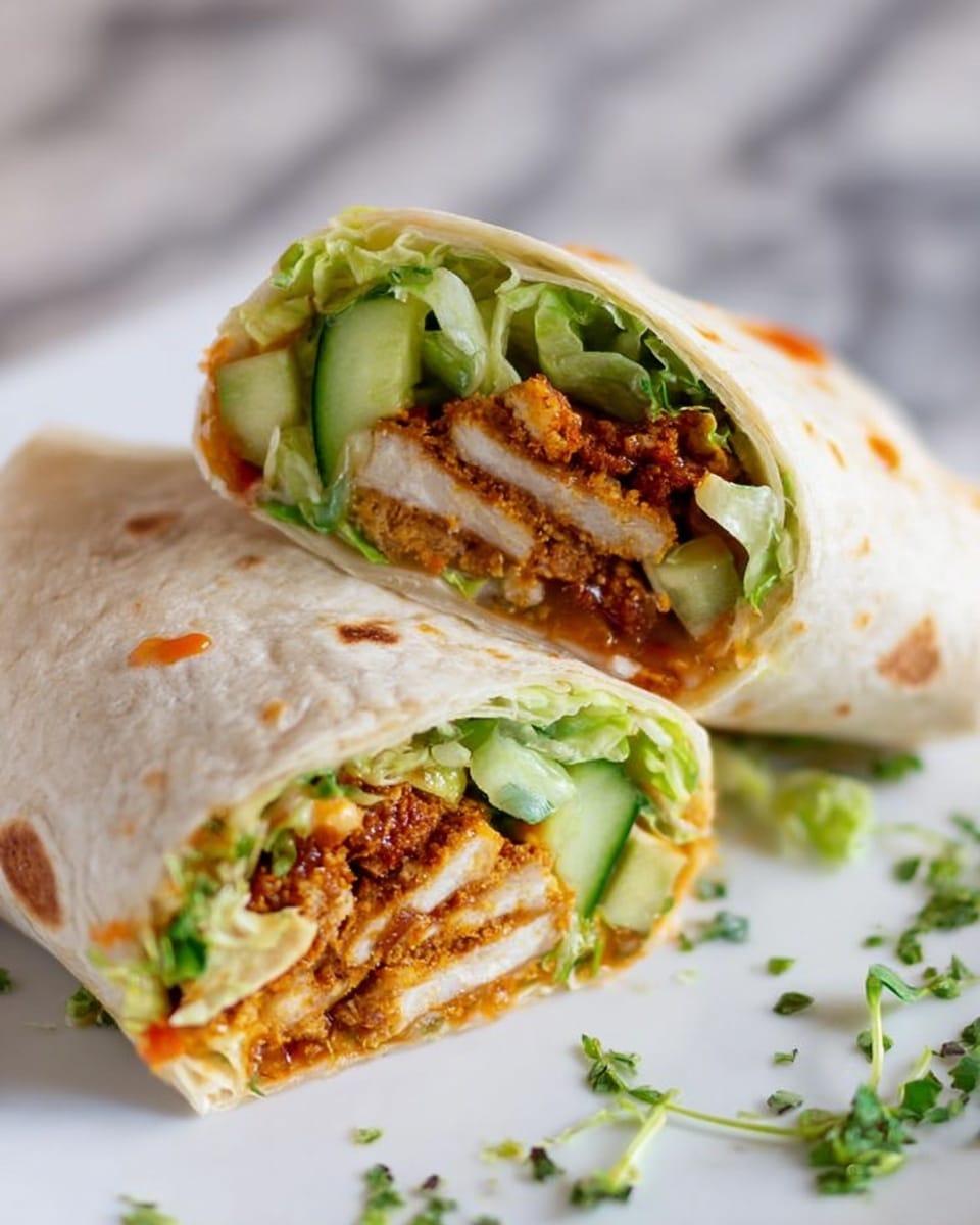 A close-up of a wrap cut in half showing three clear layers inside: the outer white tortilla with light brown spots, the middle layer of golden-brown fried strips with a crispy texture, and the inner layer of fresh green lettuce pieces mixed with light green cucumber slices. There are small bits of red sauce on top near the edges. The wrap sits on a white plate on a white marbled table, with some scattered green herbs around. Photo taken with an iphone --ar 4:5 --v 7