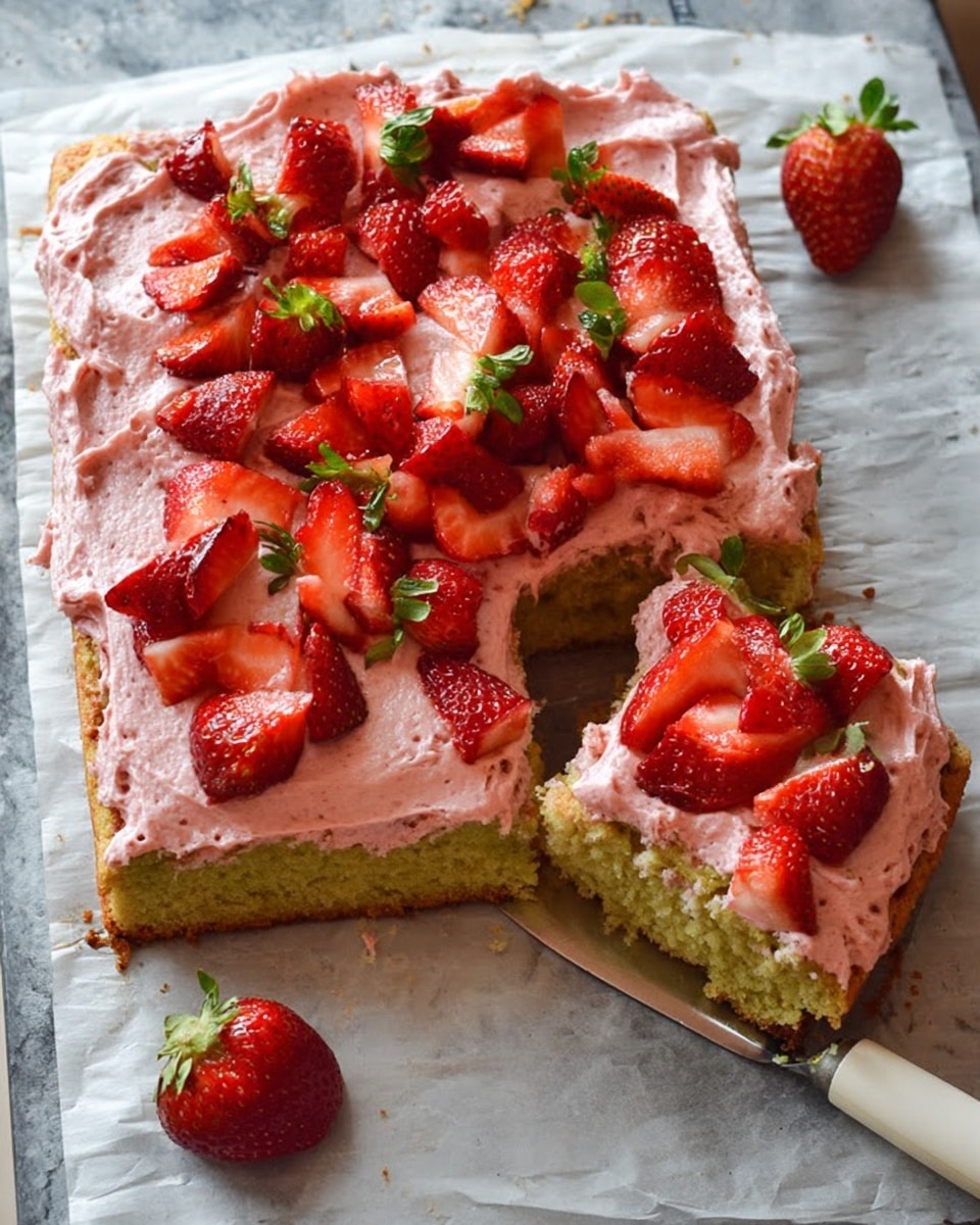 The image shows a rectangular cake with one layer that has a light green color, covered with thick pink frosting spread unevenly on top and sprinkled with fresh sliced strawberries, both halved and quartered, arranged casually over the frosting. The cake is resting on a piece of white parchment paper that lies on a white marbled surface. A large slice of the cake has been cut and slightly pulled out, with a white spatula underneath the cut piece. Two whole strawberries are placed on the surface near the cake. Photo taken with an iphone --ar 4:5 --v 7