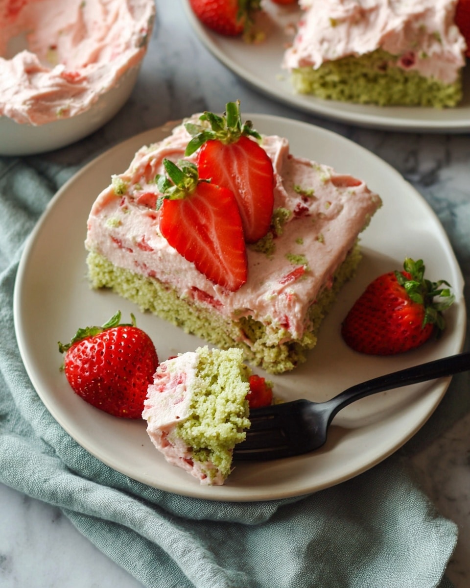 The image shows a white plate with a square piece of dessert that has two layers: the bottom layer is green and crumbly like a sponge cake, and the top layer is thick, pale pink cream with small fruit bits. Two halved strawberries with bright red skin and green tops lie on the pink cream layer, and two whole strawberries sit on the plate beside the dessert. A black fork rests on the plate, holding a bite of the dessert showing the green sponge and pink cream mixed together. The plate is on a light gray cloth over a white marbled surface, with some more pink cream spread on another surface in the background. Photo taken with an iphone --ar 4:5 --v 7