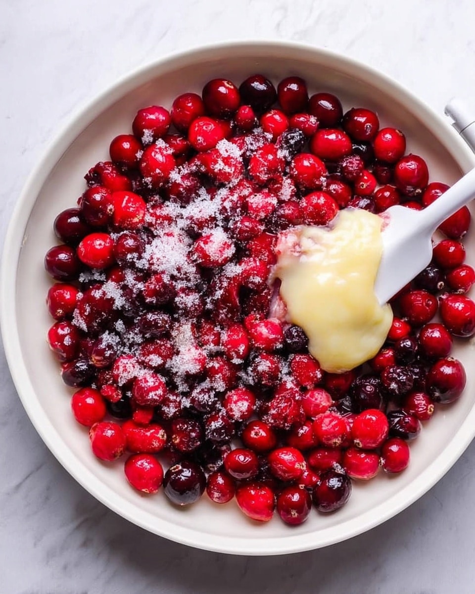 A white pan filled with a single layer of bright red and dark red cranberries, covered unevenly with a layer of white sugar crystals. On the right side of the pan, there is a small dollop of thick, pale yellow substance being spread by a white spatula. The background surface is a white marbled texture. photo taken with an iphone --ar 4:5 --v 7