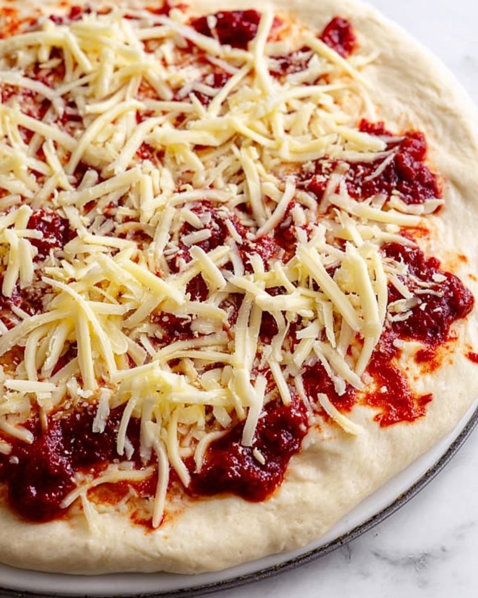 The image shows a close-up of a round pizza dough base on a white marbled surface, placed on a white rimmed tray. The dough is pale and smooth with slightly raised edges. On top, there is a layer of thick, red tomato sauce spread unevenly, showing chunks of tomato and a rich, textured look. Scattered over the sauce is a layer of shredded, pale yellow cheese, loosely spread and not covering the sauce fully, giving a mix of red and yellow colors. photo taken with an iphone --ar 4:5 --v 7