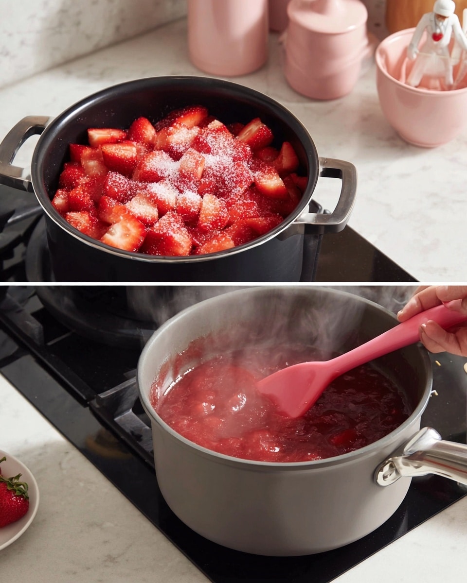 On the left side, a black cooking pot sits on a white marbled countertop filled with diced red strawberries layered evenly, topped with a thick layer of white sugar crystals scattered across the fruit. In the background, there are pink ceramic containers and a small figurine. On the right side, a gray pot is on a stove with a black glass top, inside the pot is a thick red strawberry sauce being stirred by a woman's hand holding a pink spatula, with steam rising from the surface of the sauce. photo taken with an iphone --ar 4:5 --v 7