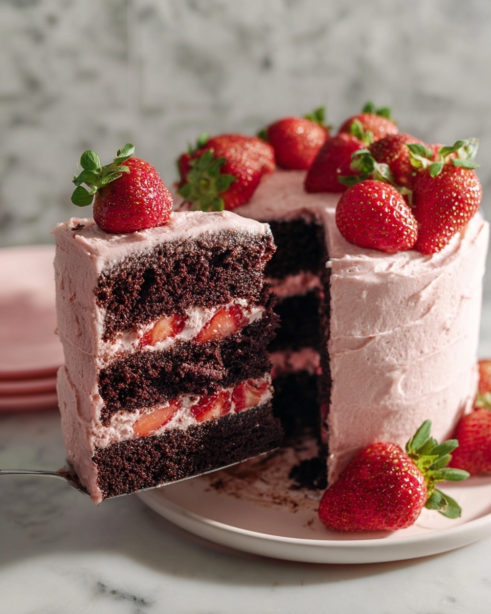 A three-layer dark chocolate cake is covered in thick, smooth light pink frosting. Between each dark chocolate layer, there is a bright red strawberry filling with small pieces of strawberries, creating a fresh look. The outside of the cake is fully coated in the same pink frosting, with whole red strawberries with green tops placed around the sides and on top. A slice of the cake is being lifted, showing the layers clearly. The cake sits on a white plate, placed on a surface with a white marbled texture. Photo taken with an iphone --ar 4:5 --v 7